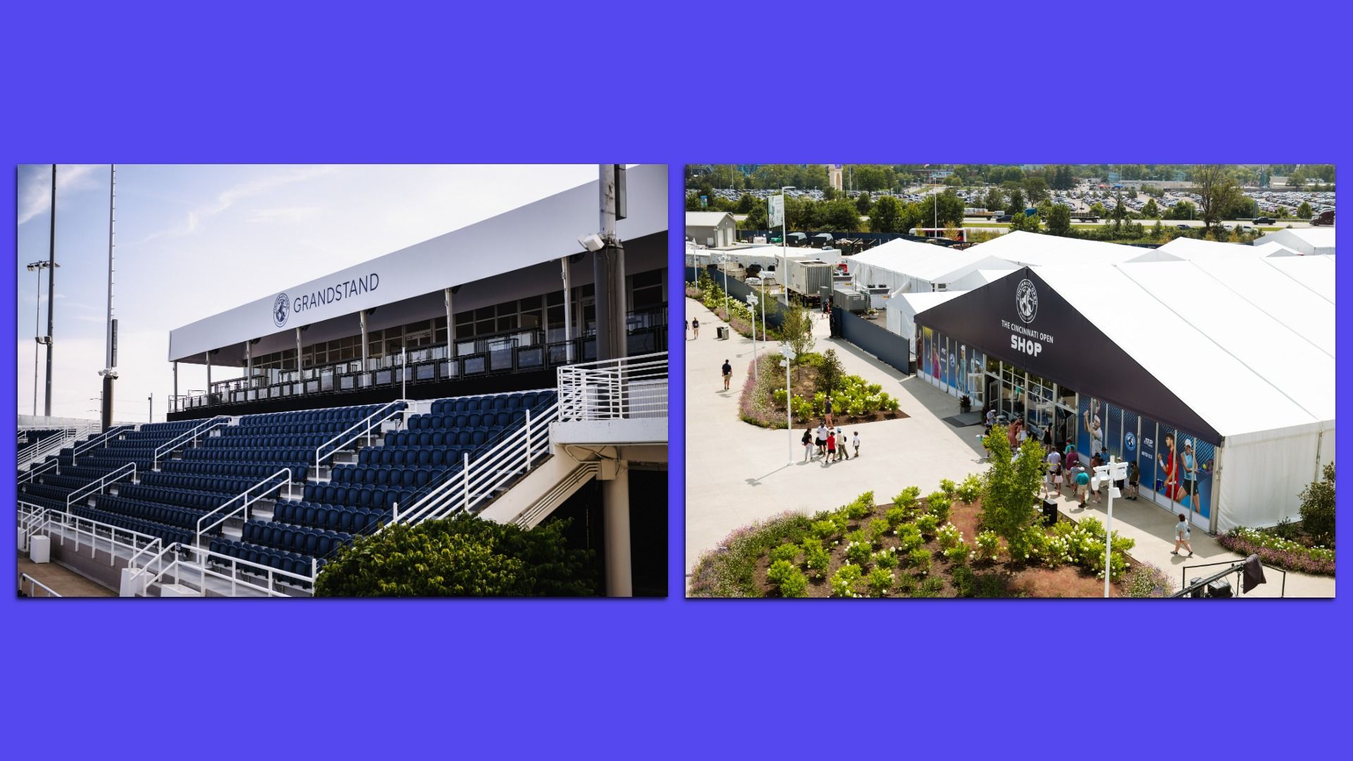 Two photos on a blue background: left a stadium grandstand with blue seats and a white roof marked GRANDSTAND; right a tent-filled outdoor event with a shop tent and visitors.