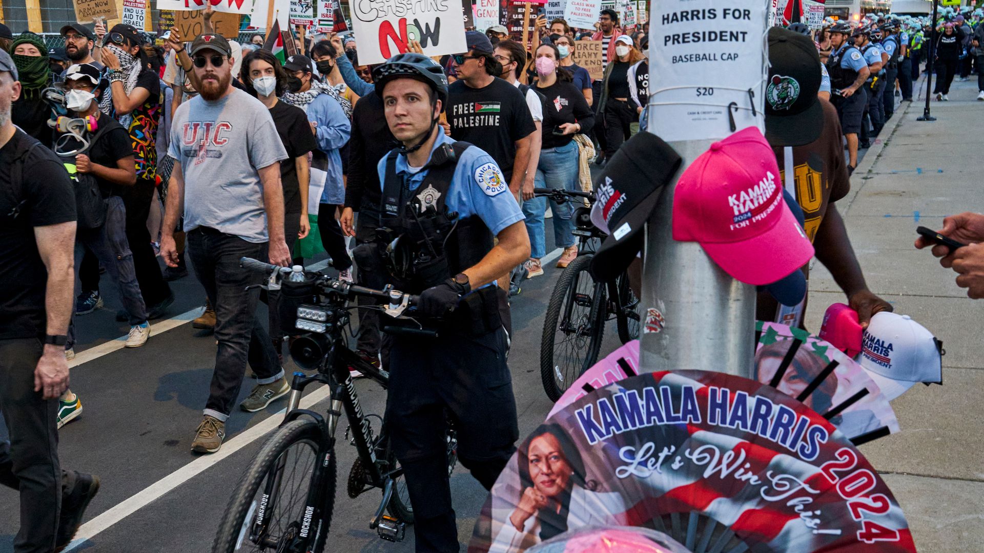 Vice President Kamala Harris merchandise for sale as pro-Palestinian demonstrators march during the Democratic National Convention (DNC) in Chicago, Illinois, US, on Thursday.