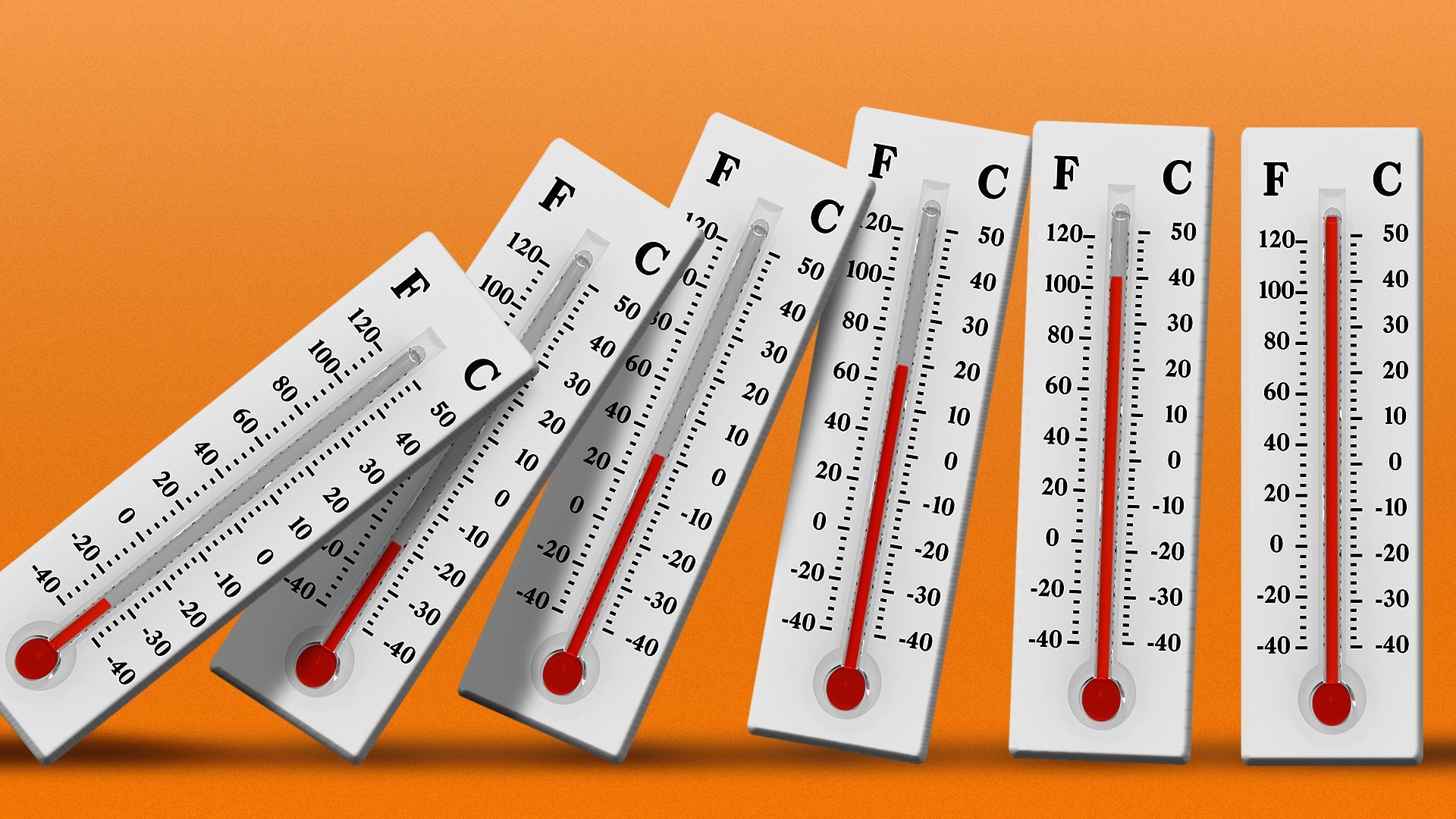 Illustration of thermometers with increasing temperatures falling over like dominos