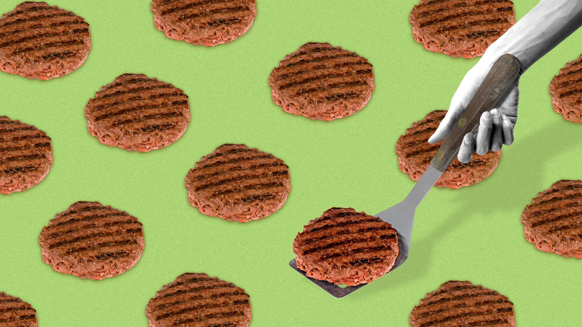 Illustration of a pattern made out of burger patties with a hand and spatula flipping one. 