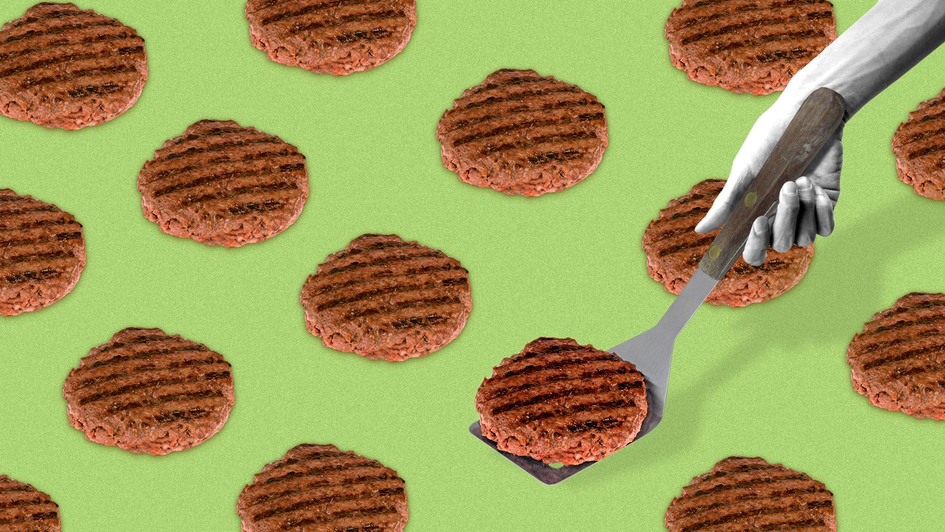 Illustration of a pattern made out of burger patties with a hand and spatula flipping one.