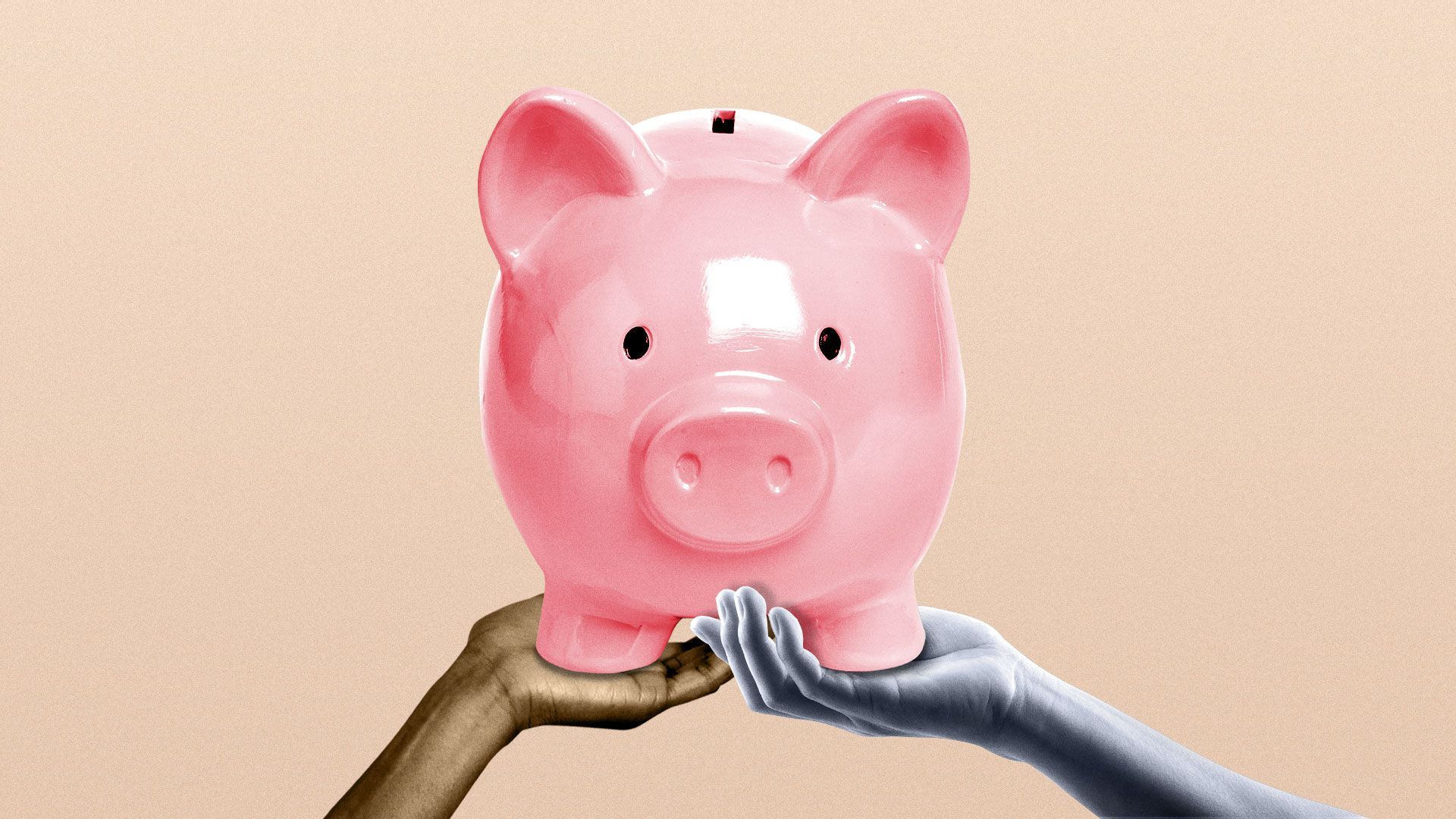 Illustration of two different hands holding a piggy bank