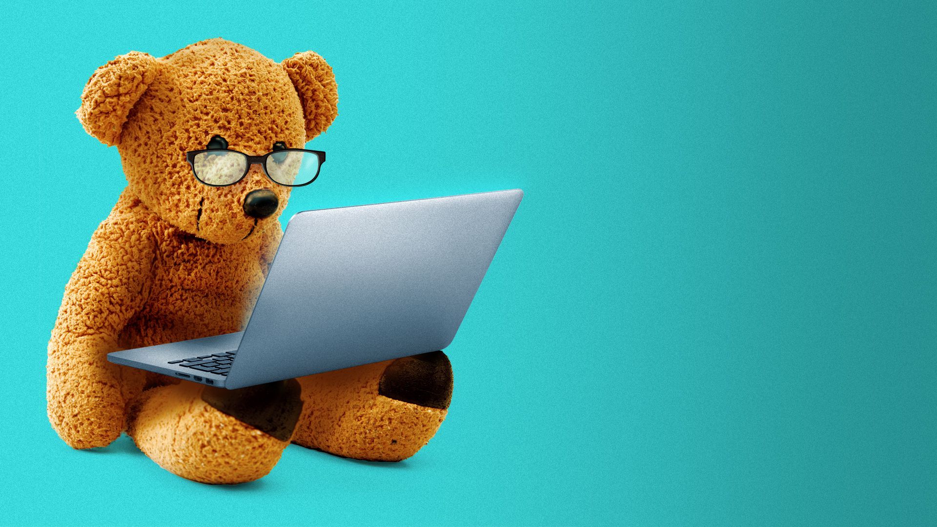 Illustration of a teddy bear wearing glasses looking at a laptop.