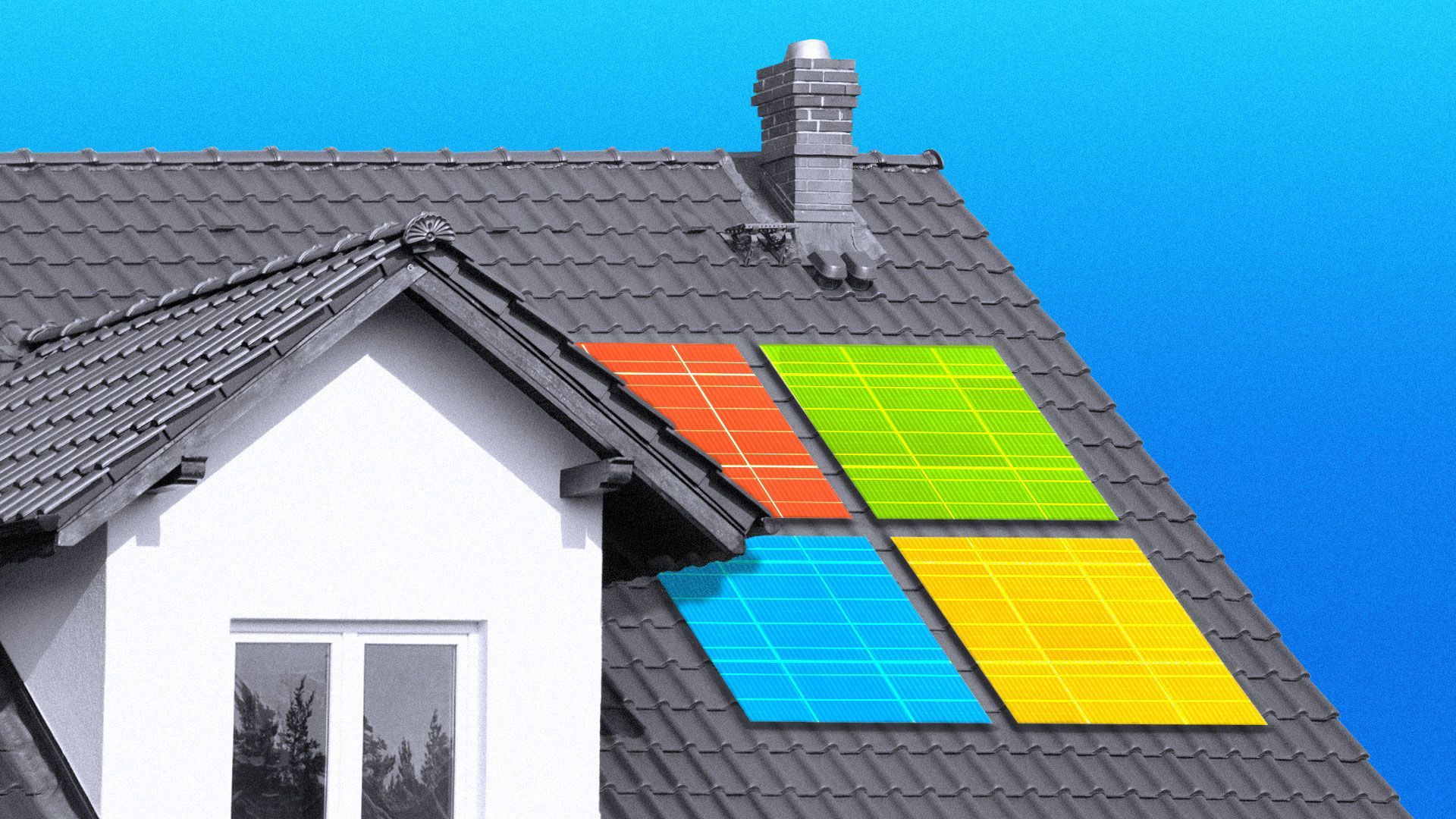 Illustration of the roof of a house with solar panels in the shape of the Microsoft logo.