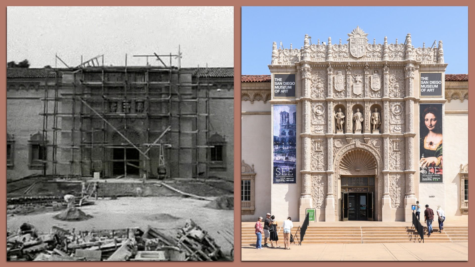 Side-by-side images showing the San Diego Museum of Art: left, a black-and-white photo during construction with scaffolding; right, the finished ornate stone facade with visitors walking nearby.