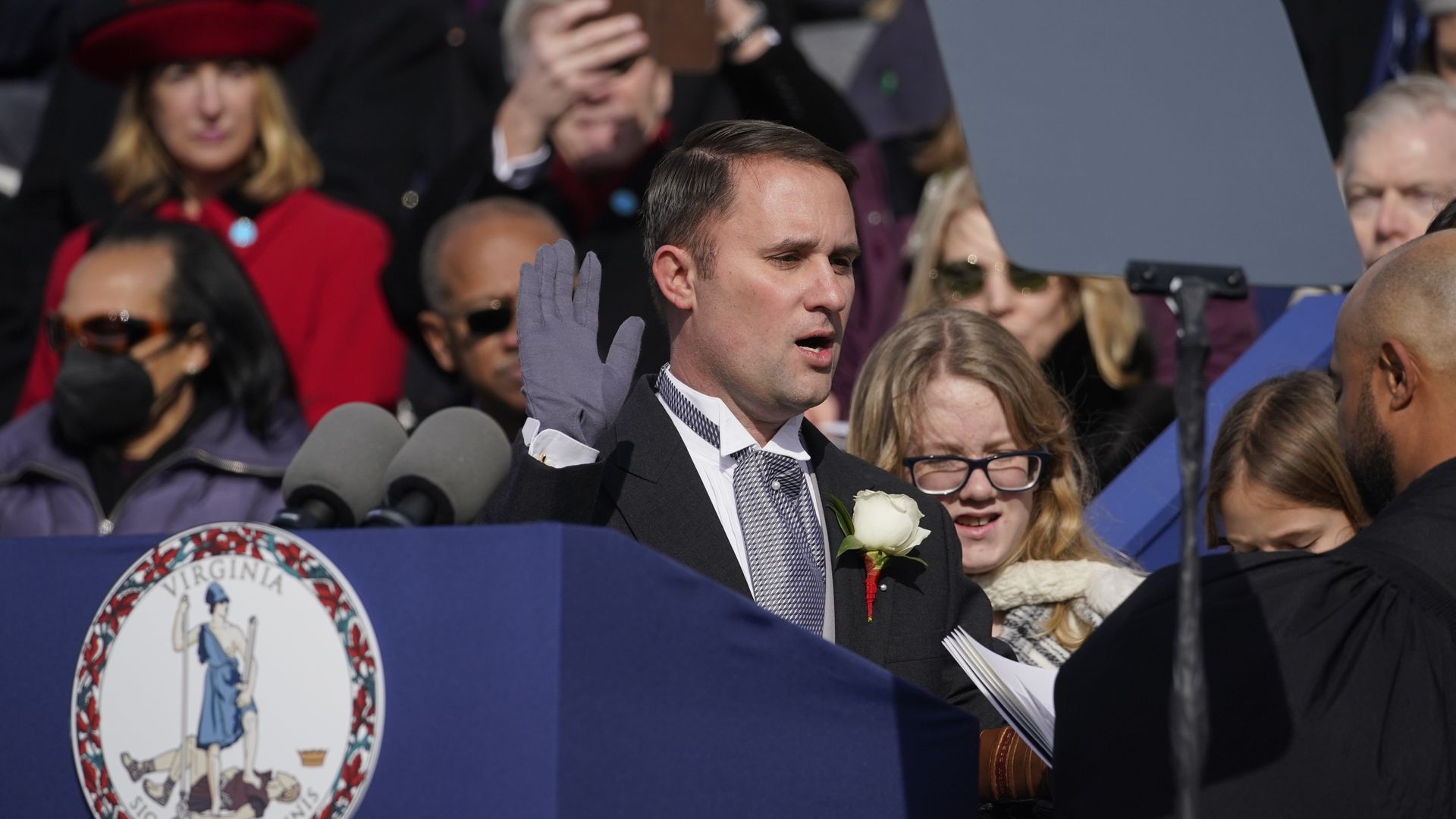 Jason Miyares, Virginia's new attorney general, being sworn in in Richmond on Jan. 15.