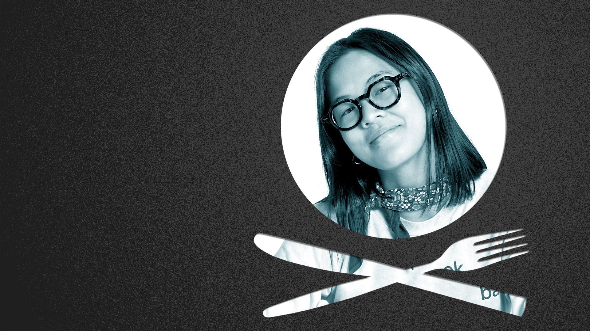 Photo illustration of a place setting shaped like a skull and crossbones containing a photo of Christine Dong.