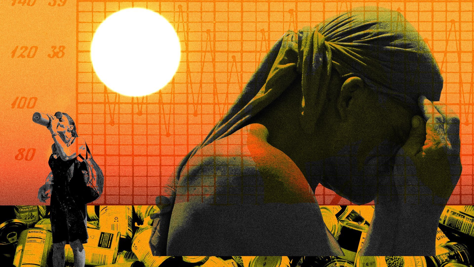 Photo illustration of a person with their head in their hands, a person drinking water, a temperature grid, the sun and cans of food.