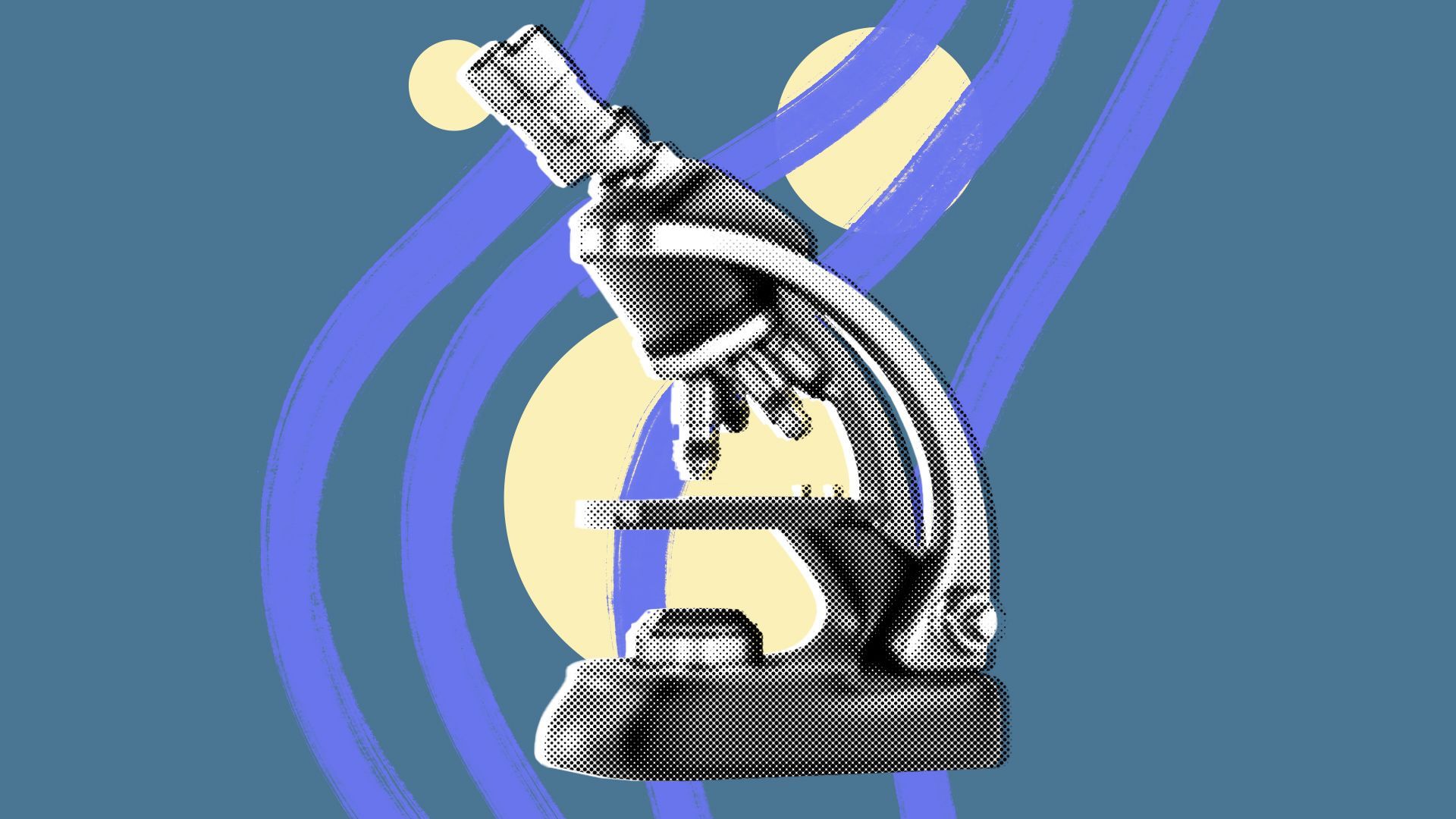 Illustration of a microscope on top of swirling lines and circles.
