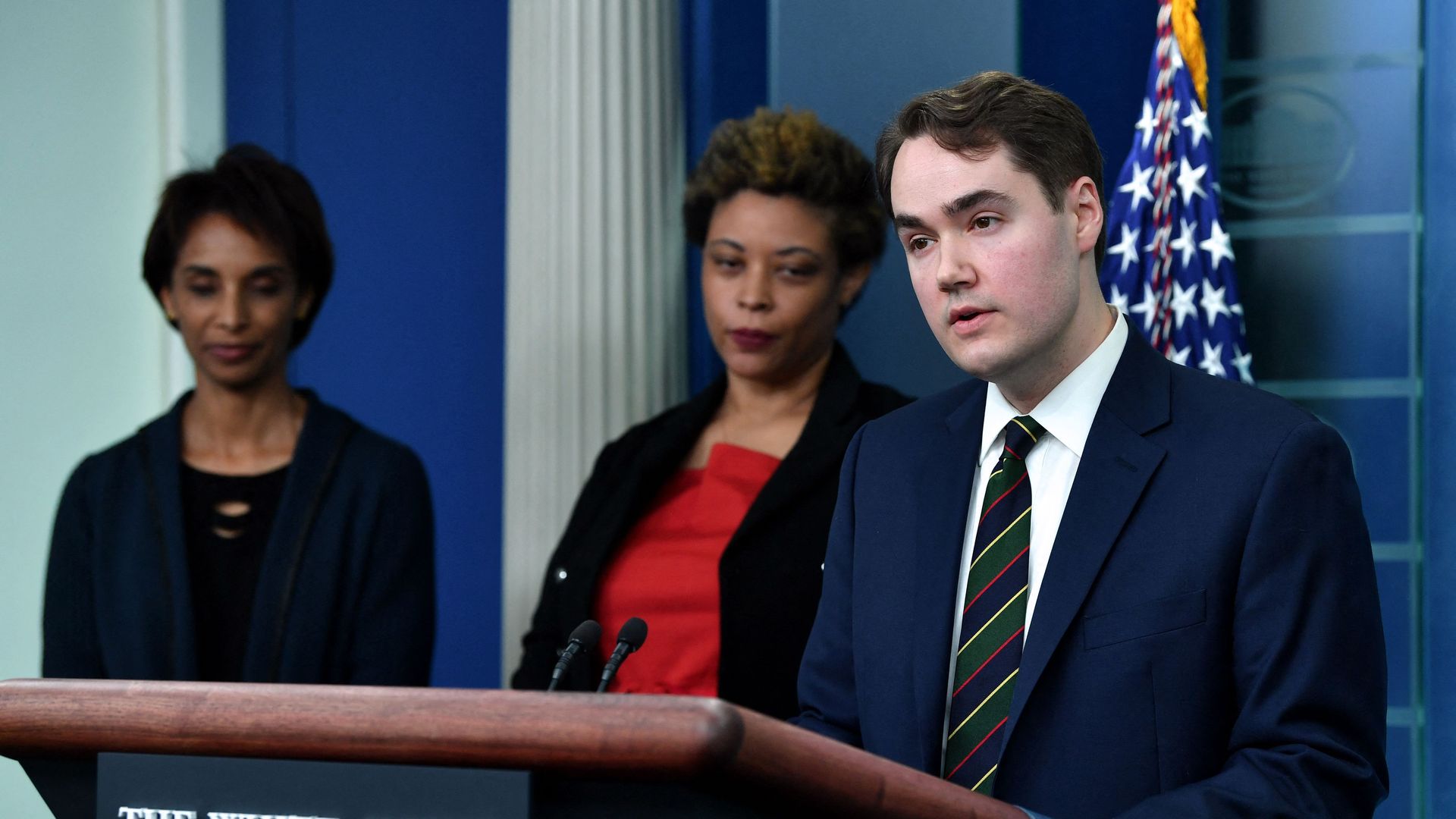 Deputy Press Secretary Andrew Bates (R) speaksduring a press briefing in the Brady Room of the White House in Washington, DC on March 28, 2022. 