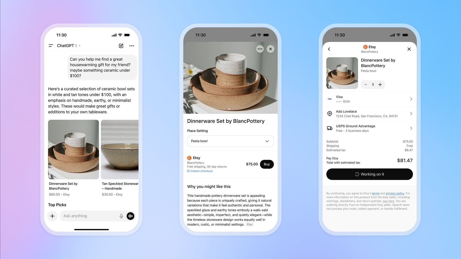 Three smartphone screens showing a chat with ChatGPT about ceramic bowl sets under $100, a detailed product page for a tan and white handmade dinnerware set, and a checkout screen on Etsy for the set priced at $81.47 total.