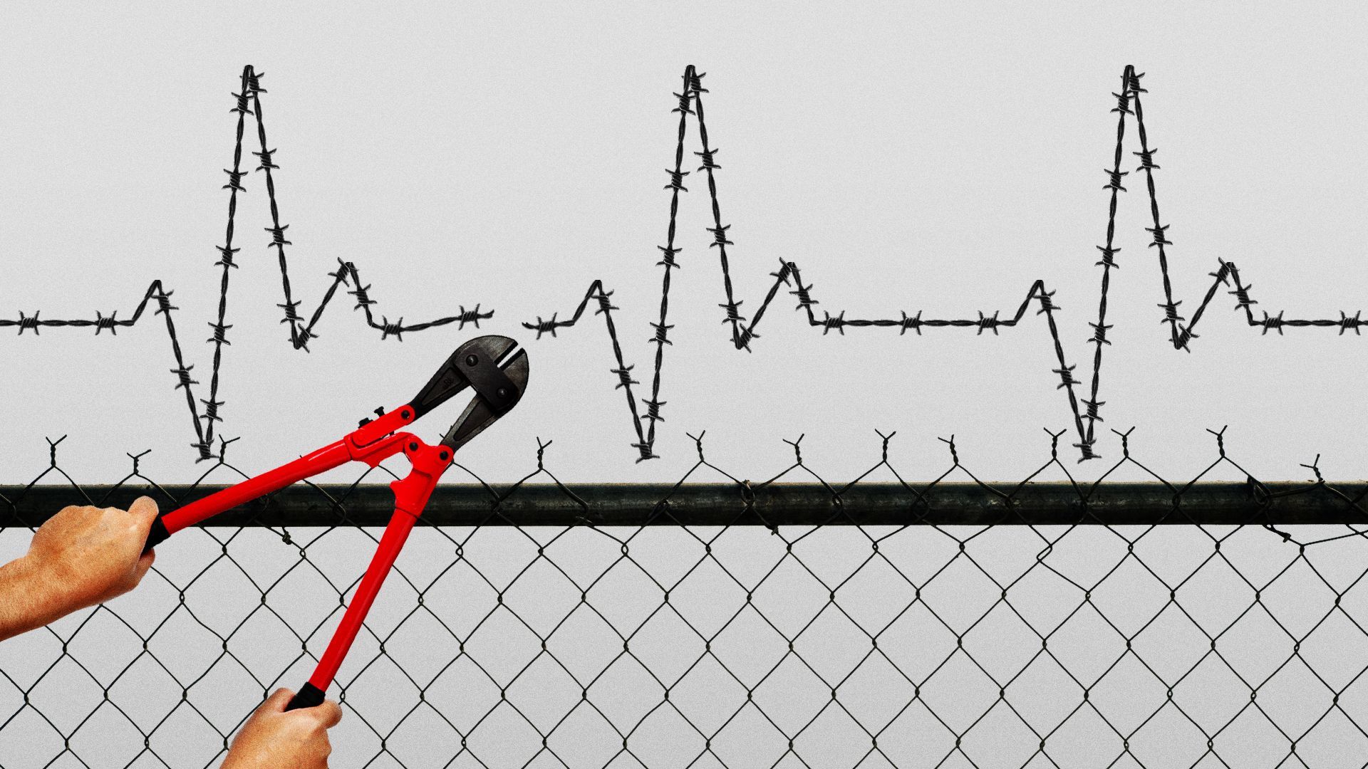 Illustration of a pair of bolt cutters cutting through barbed wire, which is shaped like a healthy heart rate. 