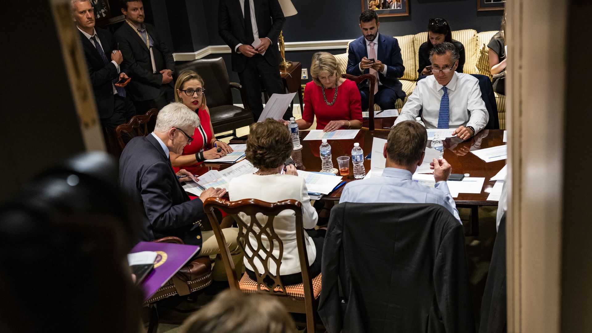 Senators hold a bipartisan meeting on infrastructure in the basement of the U.S. Capitol building