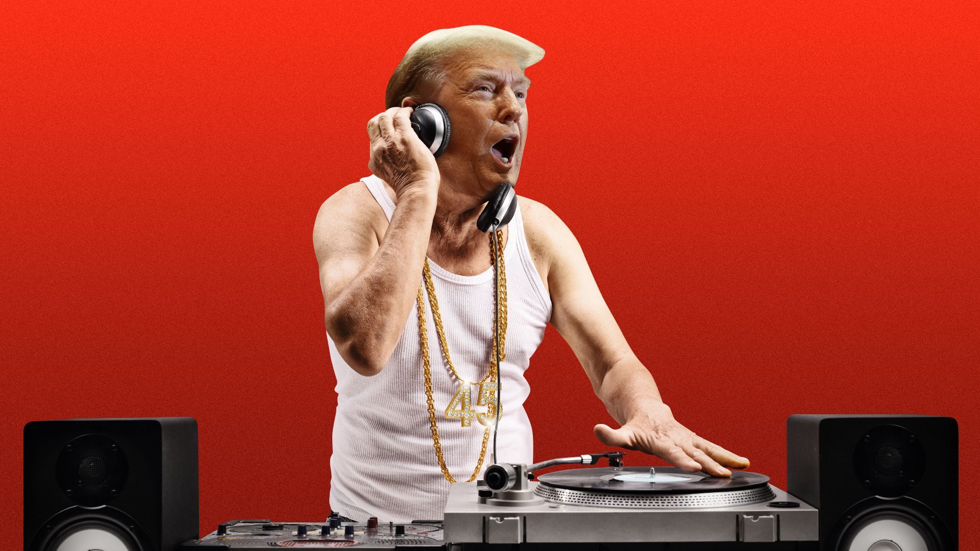 Photo illustration of Donald Trump as a DJ wearing headphones and spinning vinyl records.