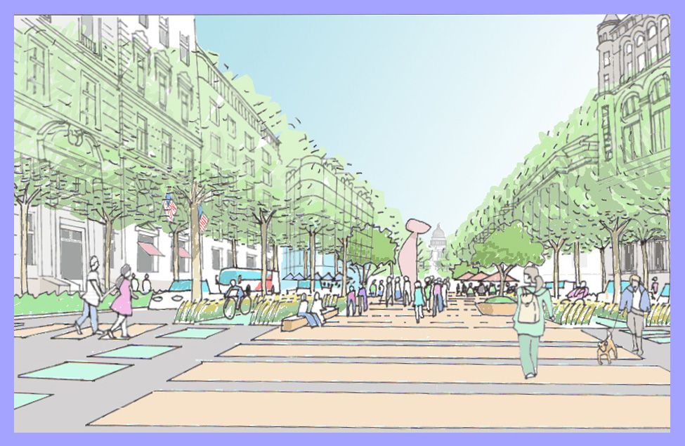 A rendering showing a pedestrian zone and transit lanes 