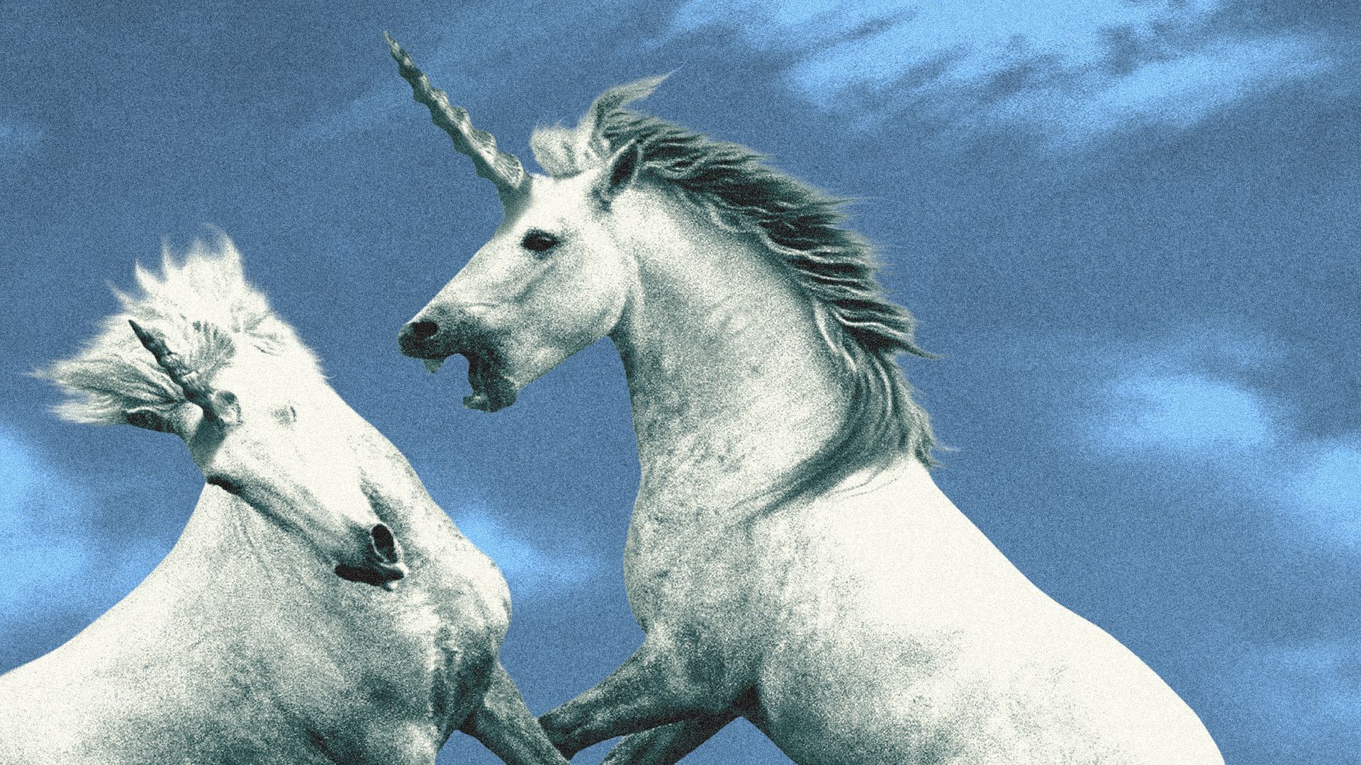 Illustration of two unicorns fighting.