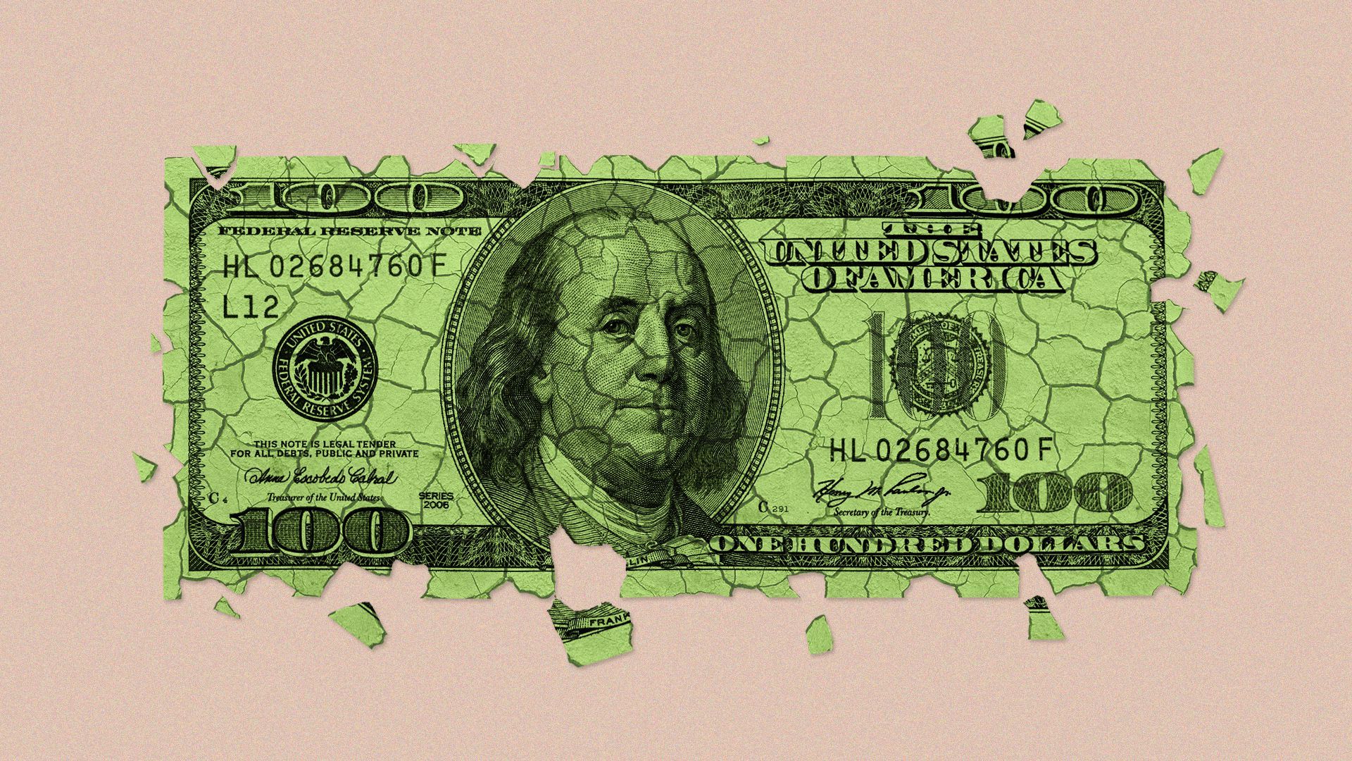 Illustration of a cracked up and dried out hundred dollar bill.