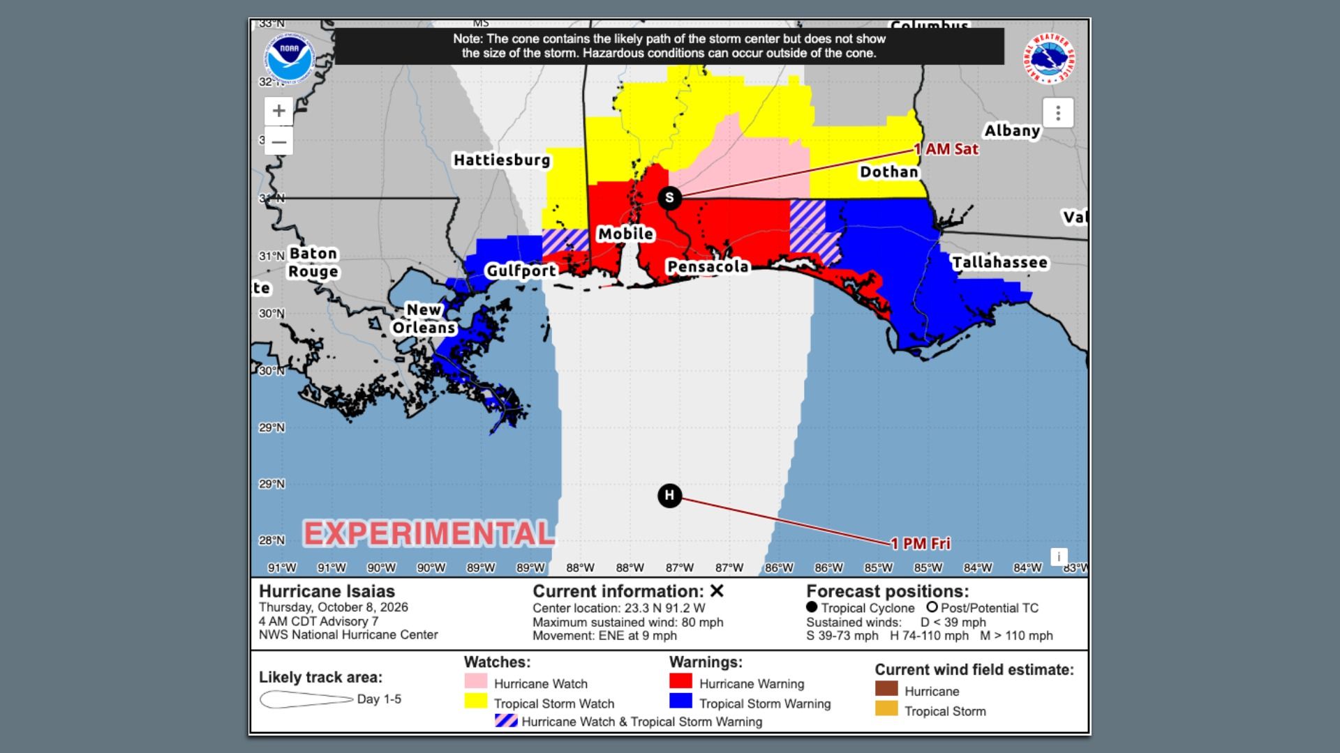NOAA forecast map of the Gulf Coast for Isaias, with color-coded warnings (yellow, pink, red, blue) around Mobile, Pensacola, and Tallahassee; city names labeled.