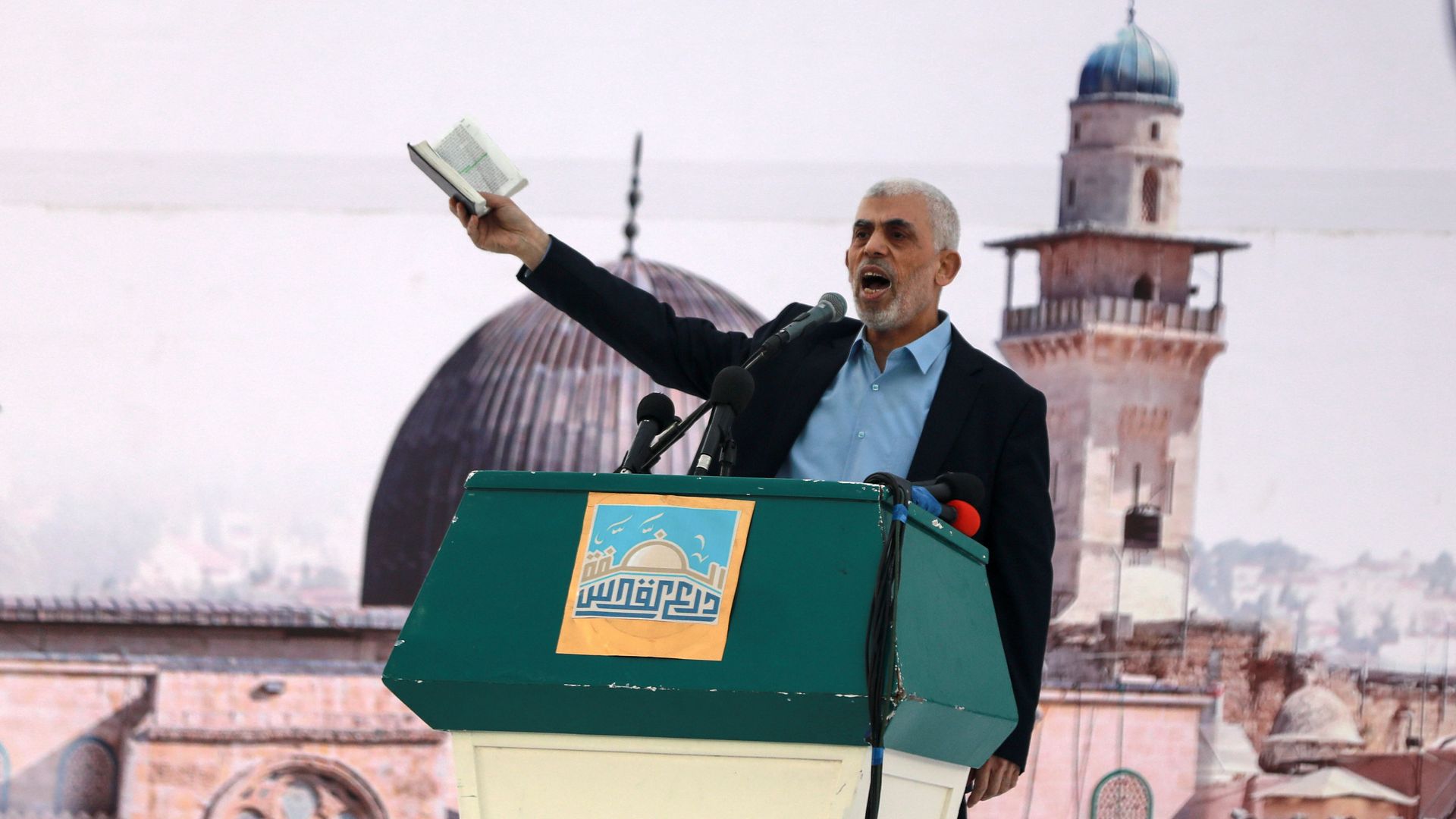 Head of the political wing of the Palestinian Hamas movement in the Gaza Strip Yahya Sinwar speaks during a protest held to mark Al-Quds (Jerusalem) Day, a commemorative day in support of the Palestinian people celebrated annually on the last Friday of the Muslim fasting month of Ramadan in 2023.