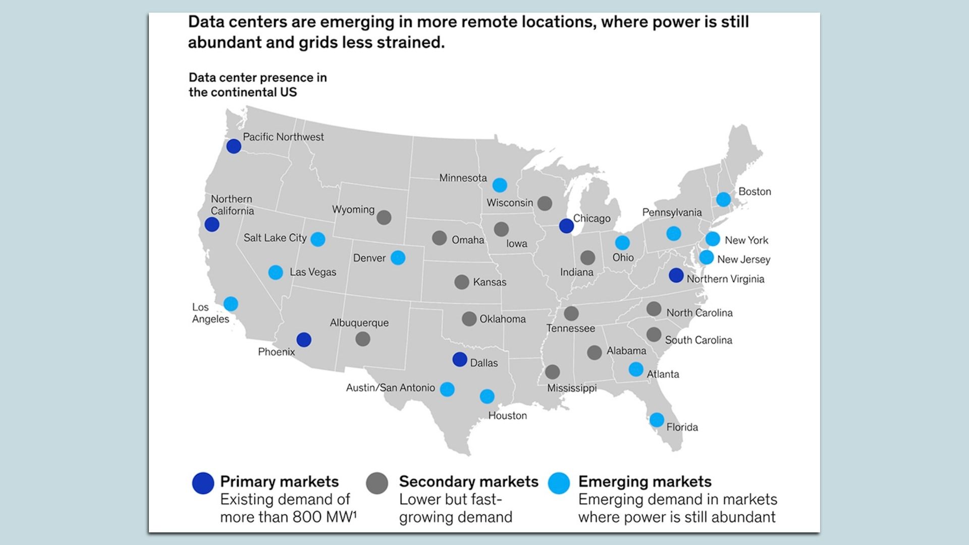 Map showing areas where data center developers are eyeing new projects