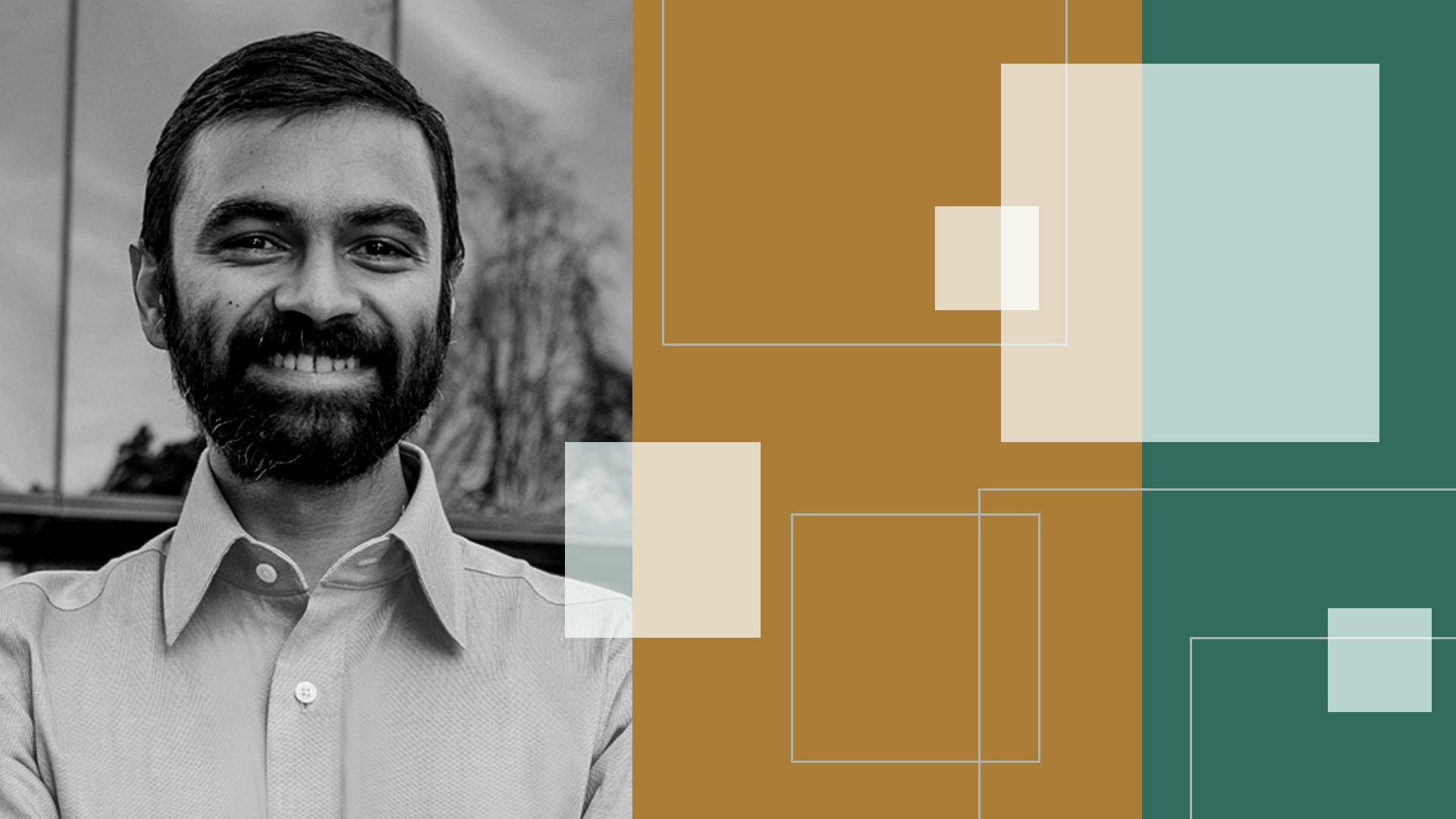 Photo illustration of Jayanth Madheswaran surrounded by abstract shapes. 