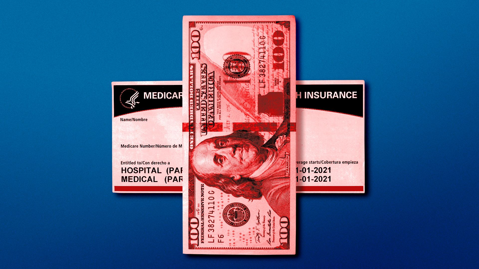 Illustration of a medical red cross formed by a one hundred dollar bill and a Medicare Advantage insurance card.