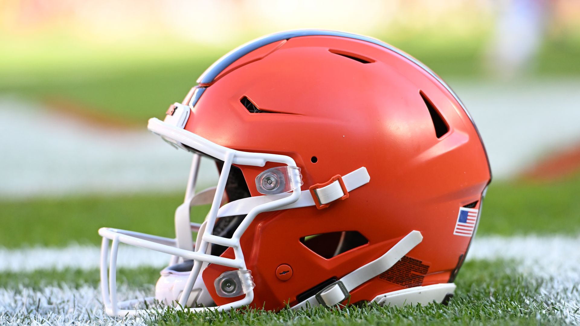 Cleveland Browns helmet on a field. 