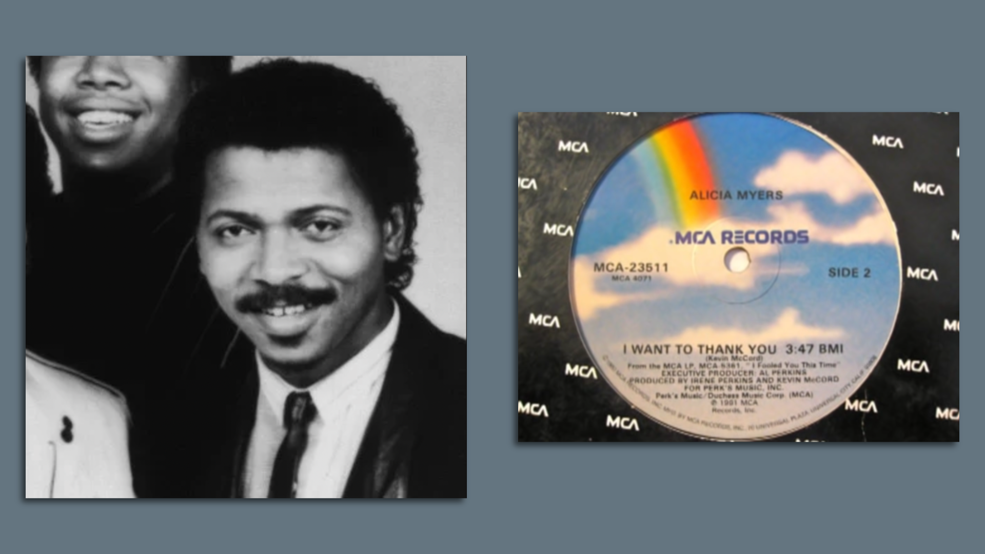 Kevin McCord and Alicia Myers 1981 hit "I Want to Thank You," which he produced. Photos: Backatcha Records