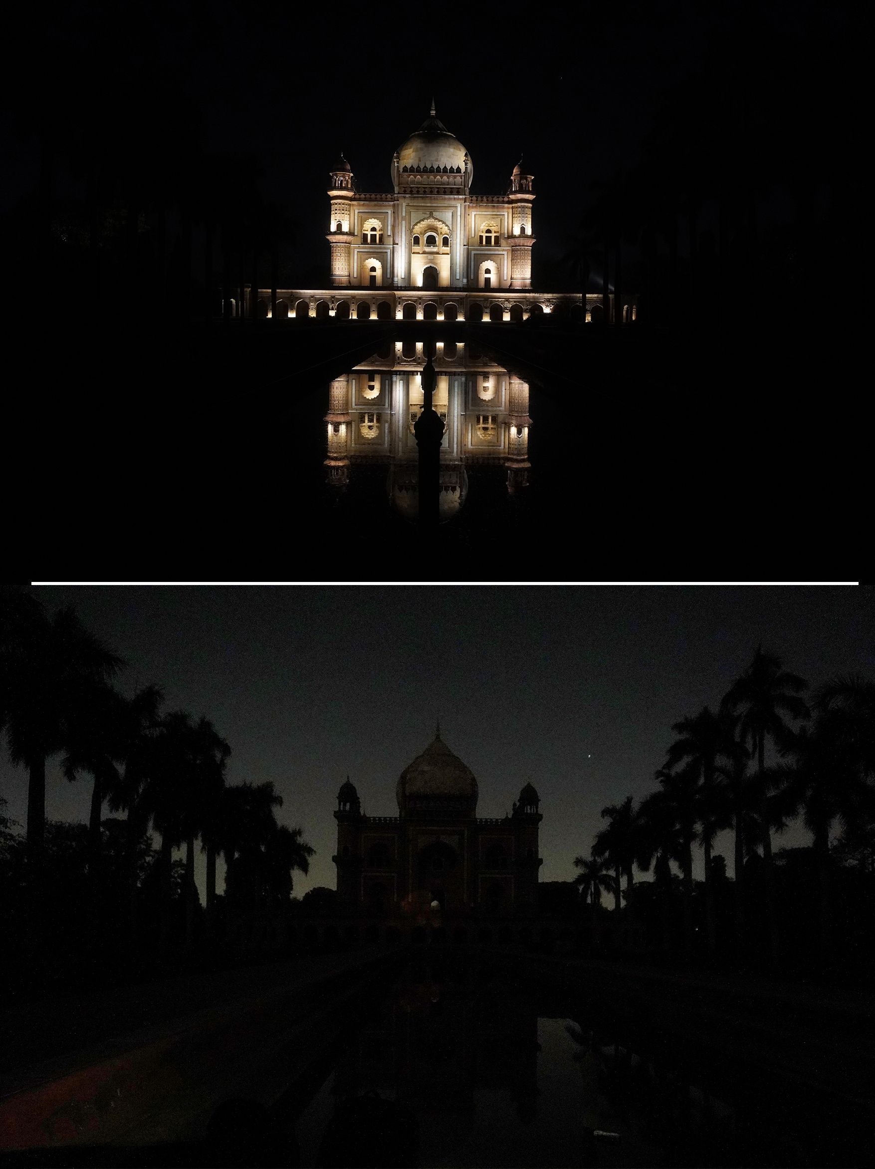 Two photos show the same tomb, lit up and dark
