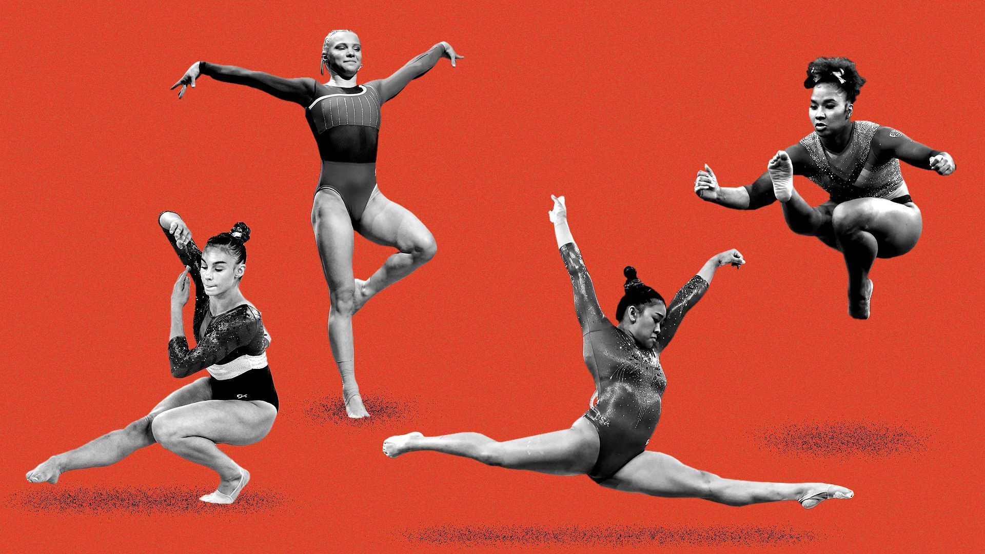 Photo illustration of Grace McCallum, Jade Carey, Sunisa Lee, and Jordan Chiles in movement in gymnastics uniforms on a flat color background 