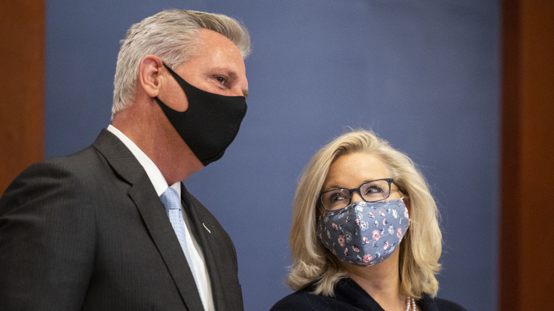 House Minority Leader Kevin McCarthy, R-Calif. and House Republican Conference Chair Liz Cheney, R-Wyo., talk as other members speak to reporters after the House GOP caucus meeting