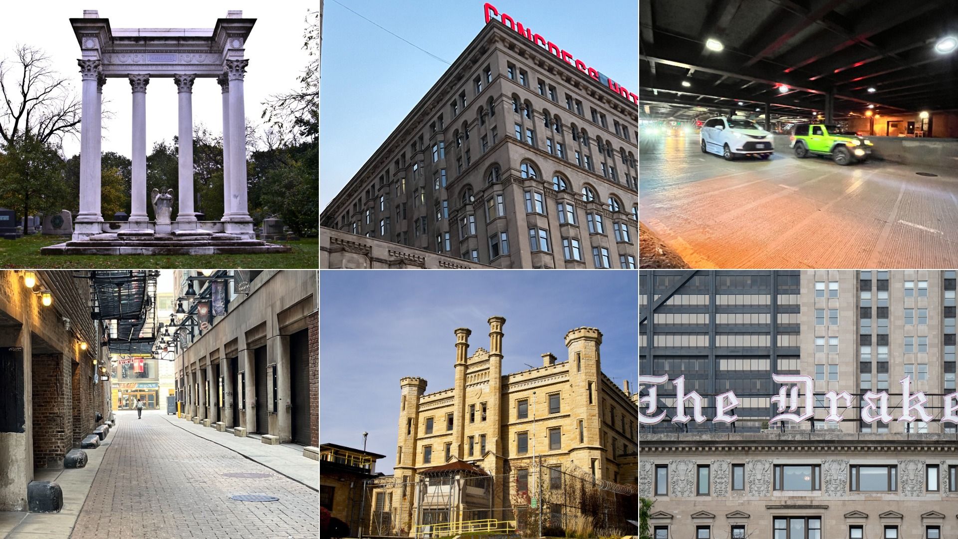 Urban collage of architecture: neoclassical colonnade in a cemetery; brick building with a red CONGRESS sign; underground garage; narrow alley; castle-like towers; The Market sign on a facade.