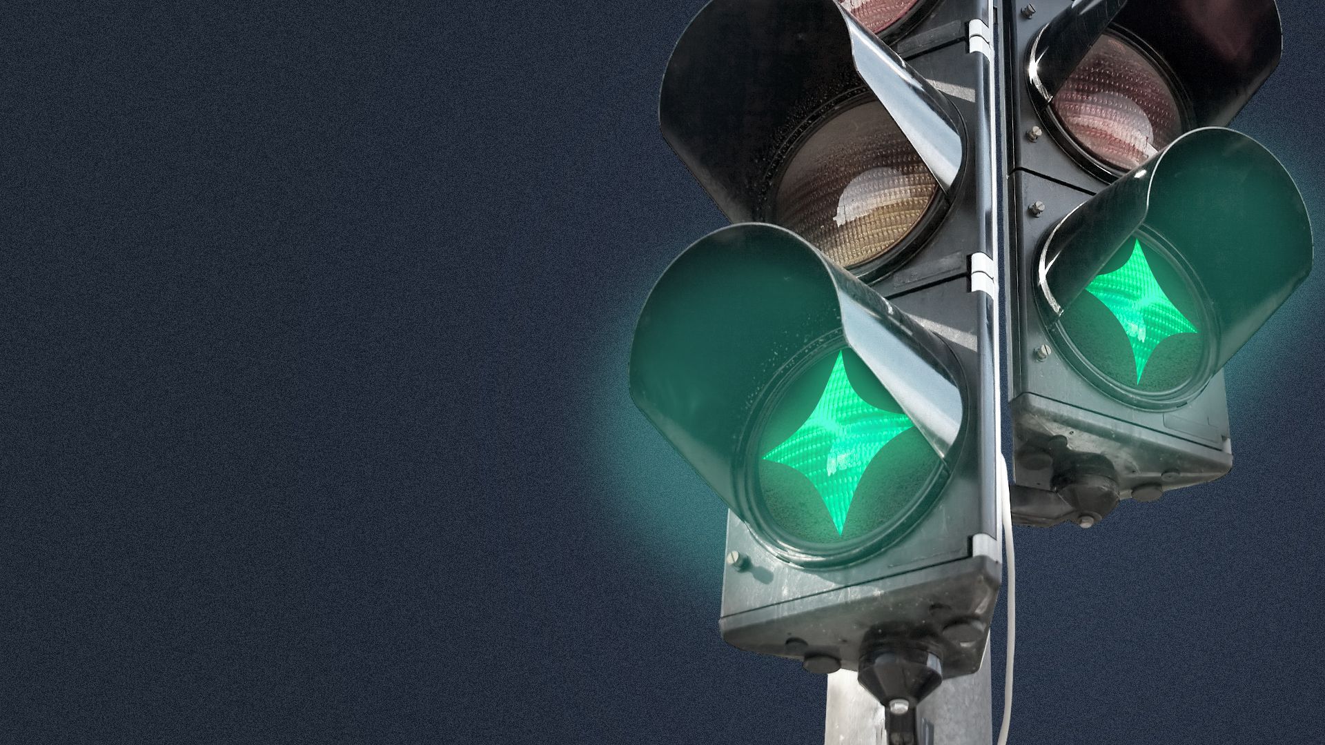 Illustration of traffic lights with green lights shaped like sparkles lit up in two directions.