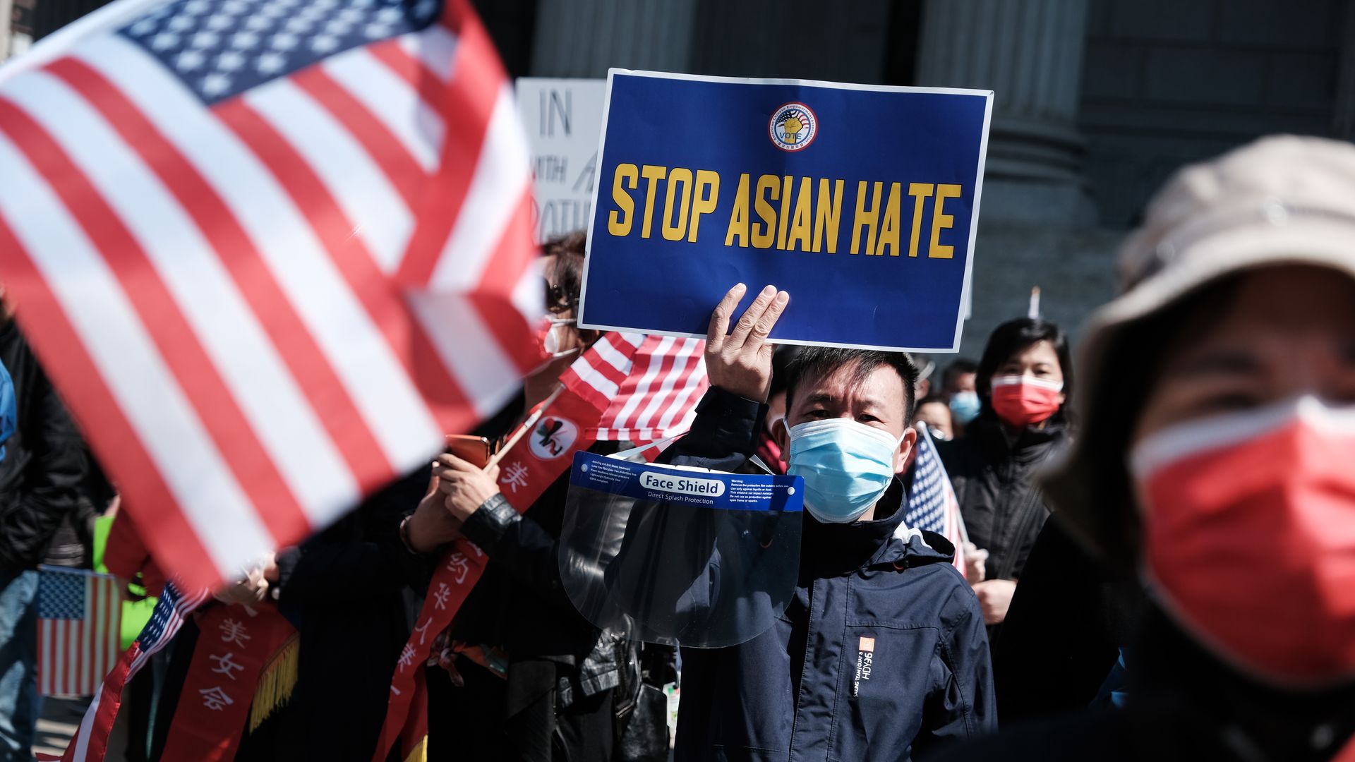 Demostrators participate in a protest to demand an end to anti-Asian violence on April 04, 2021 in New York City.
