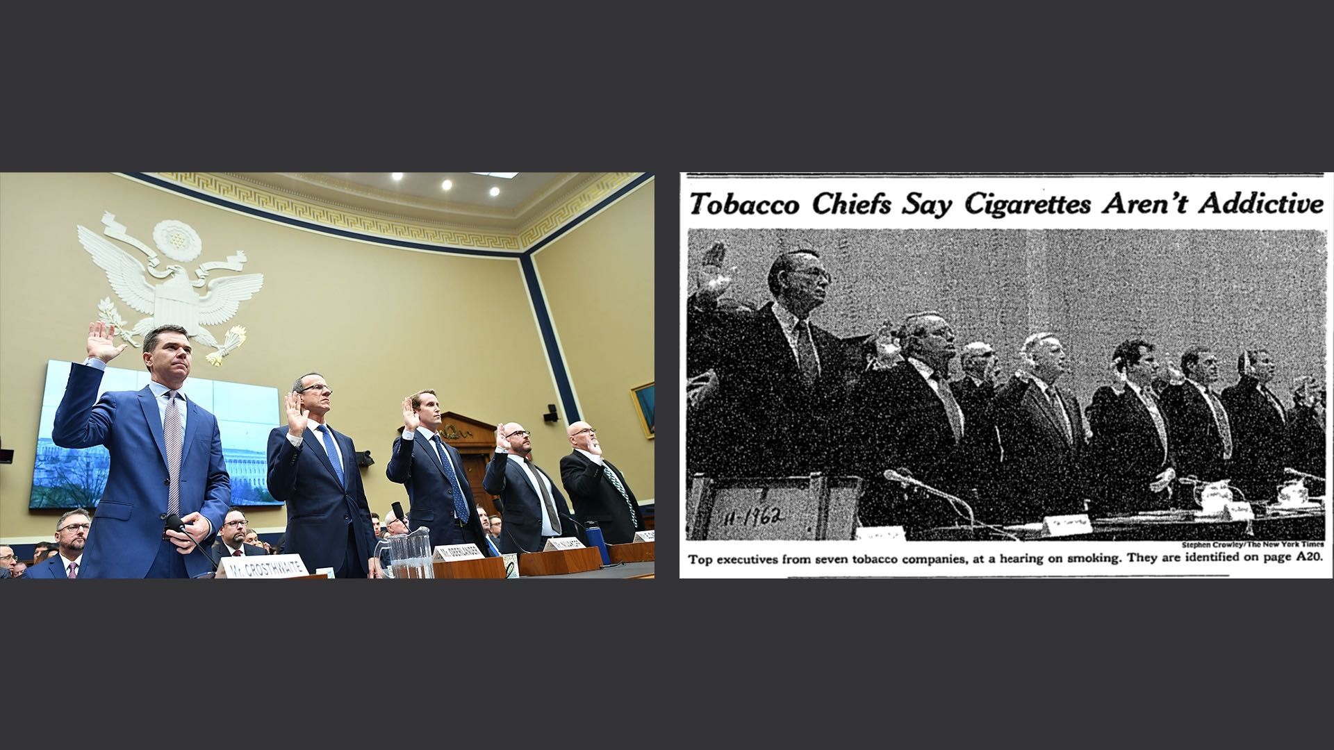 Two photos showing vaping executives in 2020 and tobacco executives in 1994.