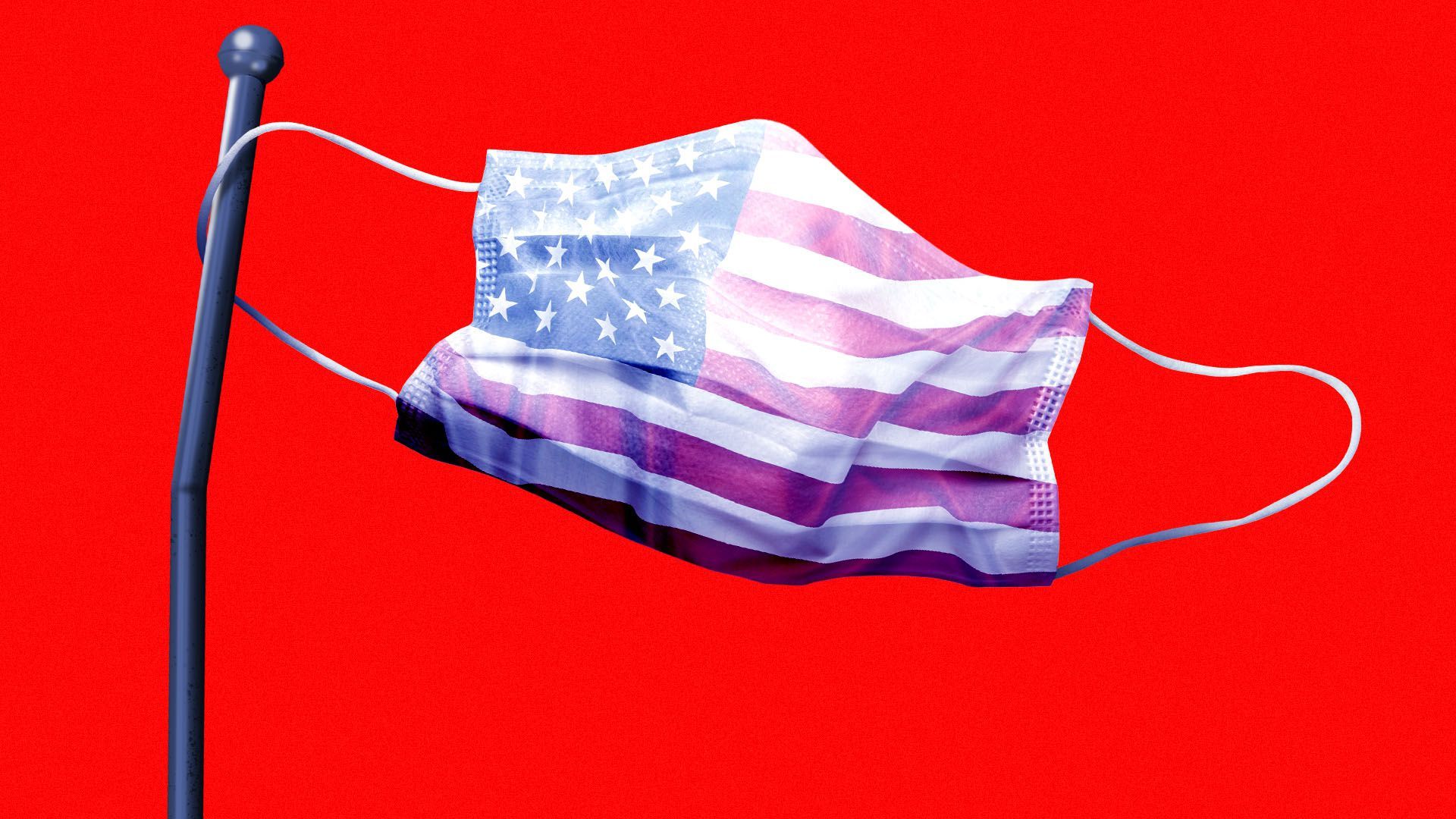 Illustration of a flagpole being bent by a medical mask with a United States flag on it