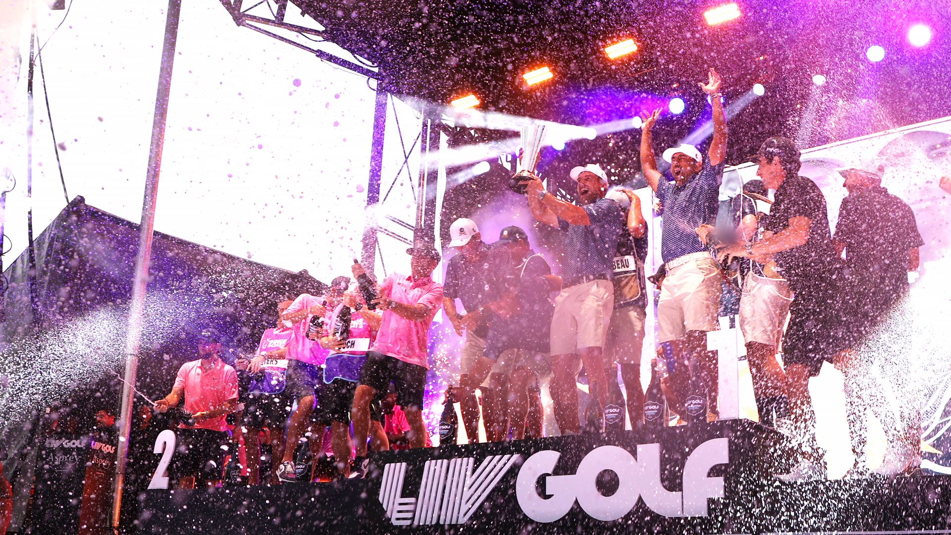 Bryson DeChambeau and other LIV golfers celebrate during a 2023 tour stop in Florida. 