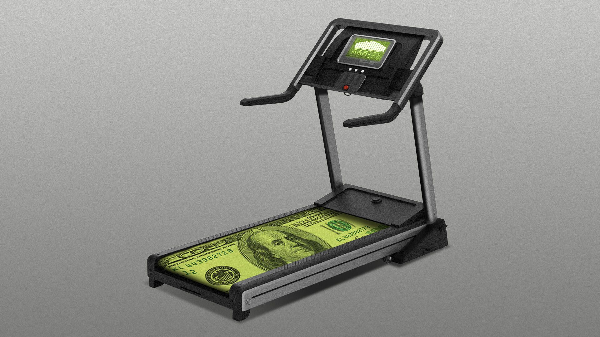 Illustration of a treadmill with a hundred dollar bill for a running belt