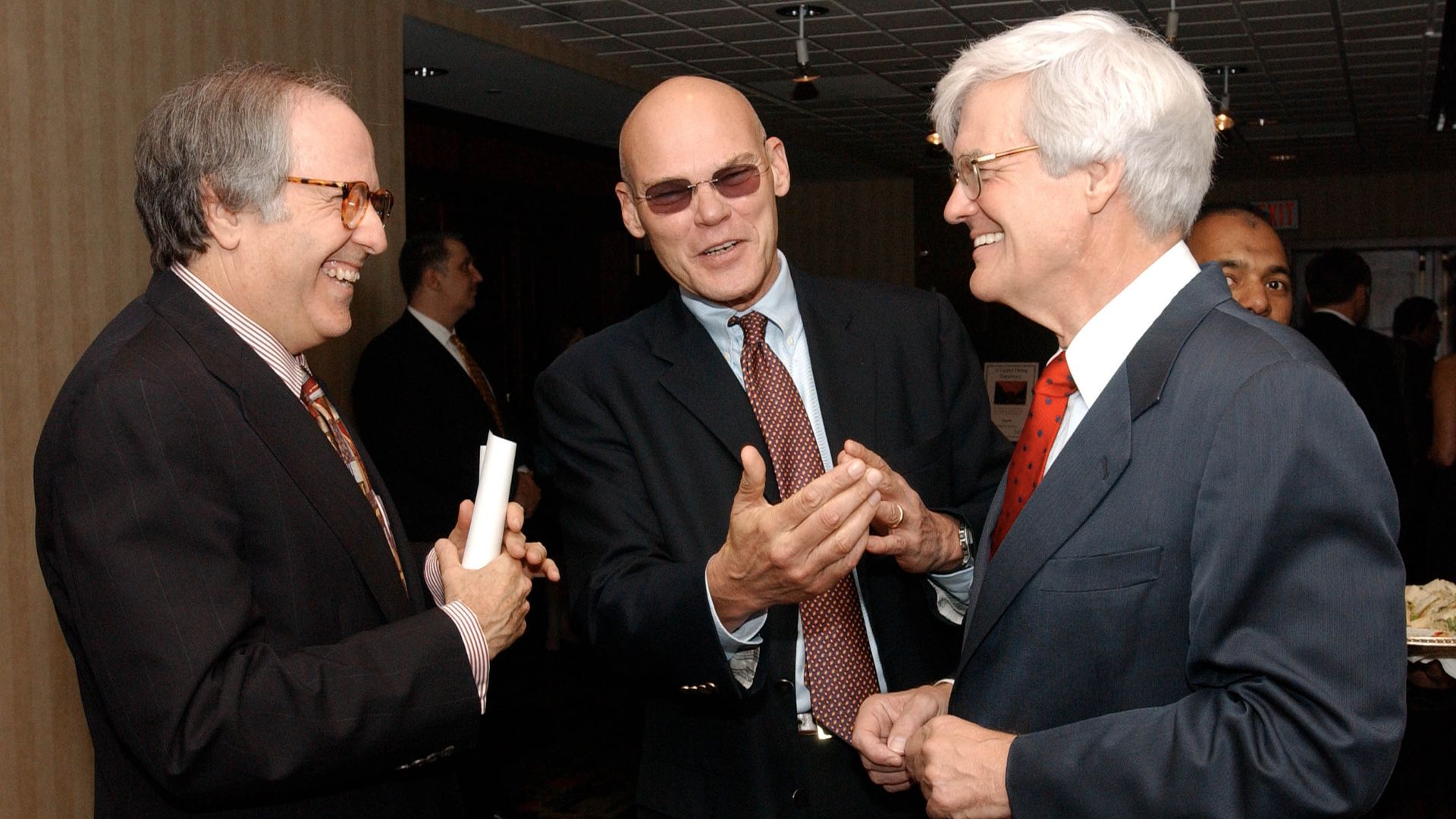 Attorney Robert Barnett, James Carville and Al Hunt talk at a reception prior to the during the 15th Annual Roast for Spina Bifida, which honored "60 Minutes" Executive Producer Don Hewitt October 8, 2003 in Washington, DC. (Photo by Stephen J. Boitano/Getty Images)
