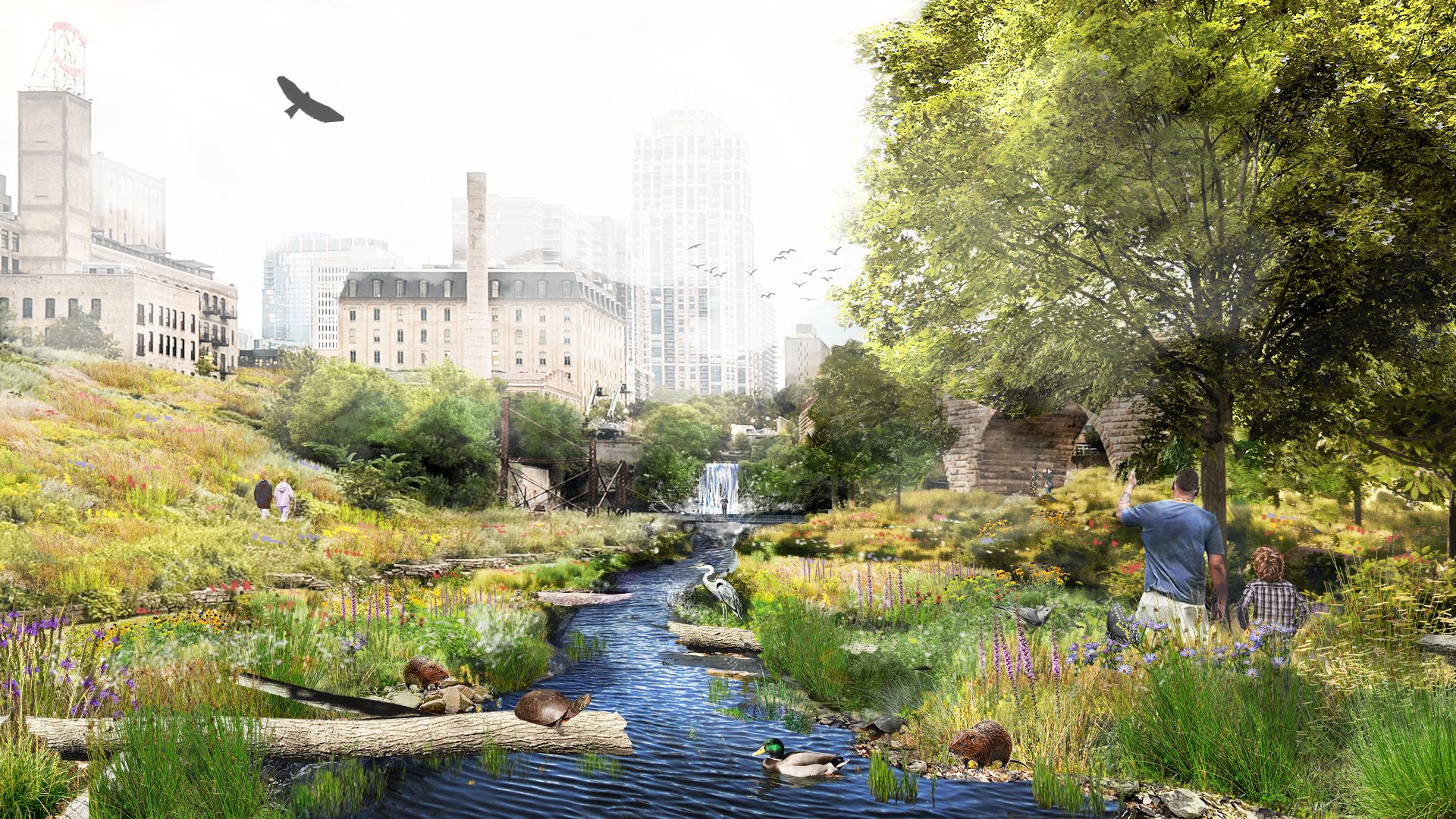 Urban parkscape with a river flowing through a green meadow with colorful flowers, wildlife including ducks and turtles, a waterfall in the distance, and city buildings beyond.