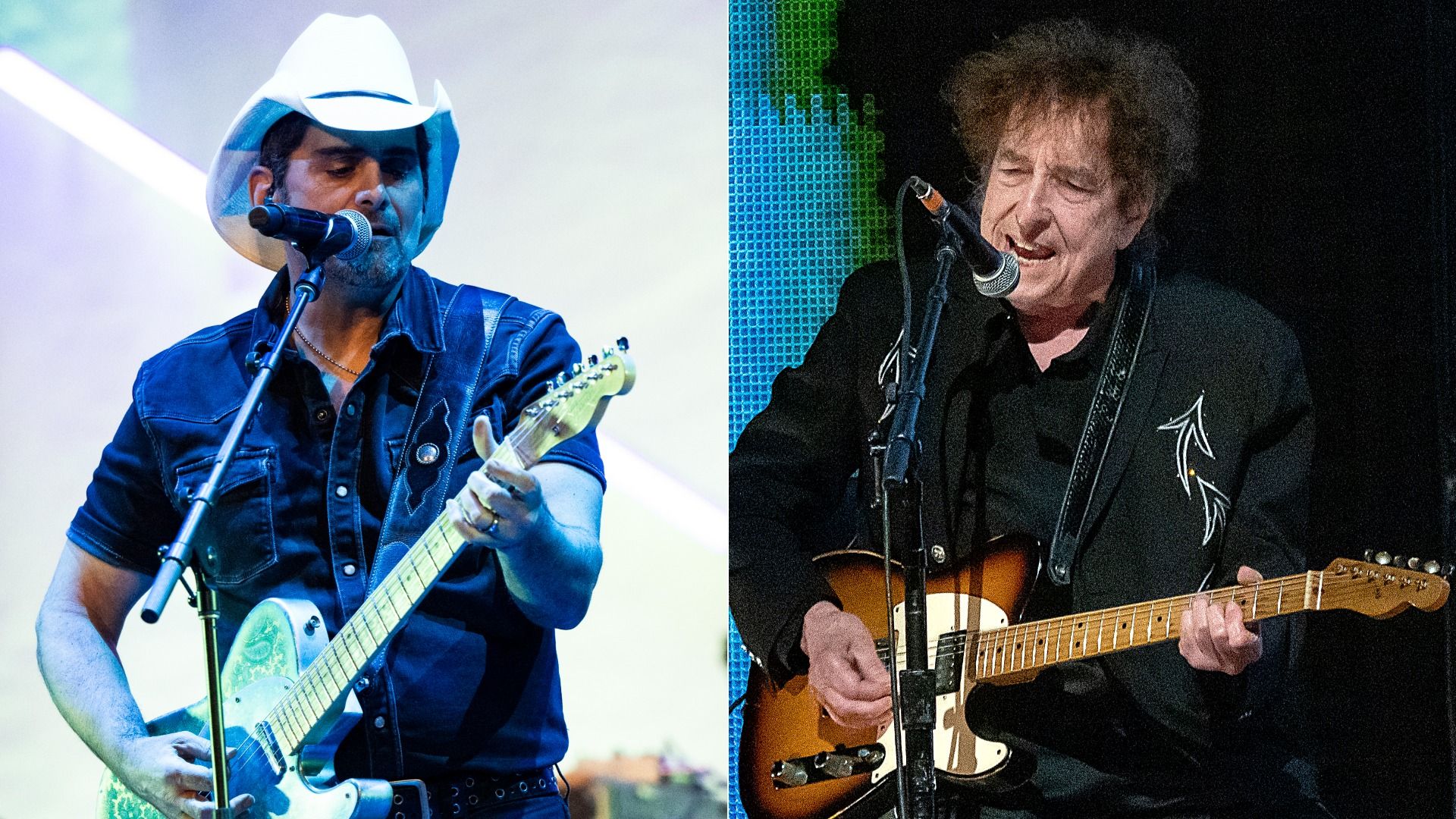 Side by side photos of Brad Paisley and Bob Dylan singing into mics with guitars