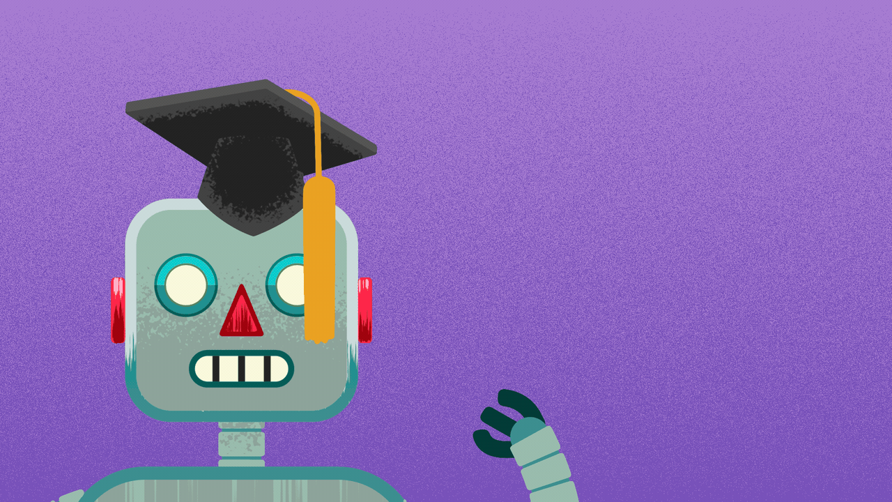 Animated illustration of a robot wearing a mortarboard, and throwing it in the air.
