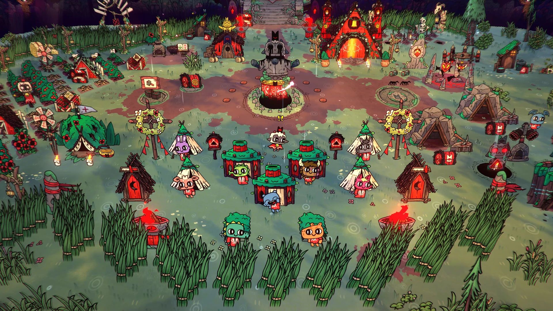 video game screenshot of animal characters walking around a rural cult compound, with a temple behind them