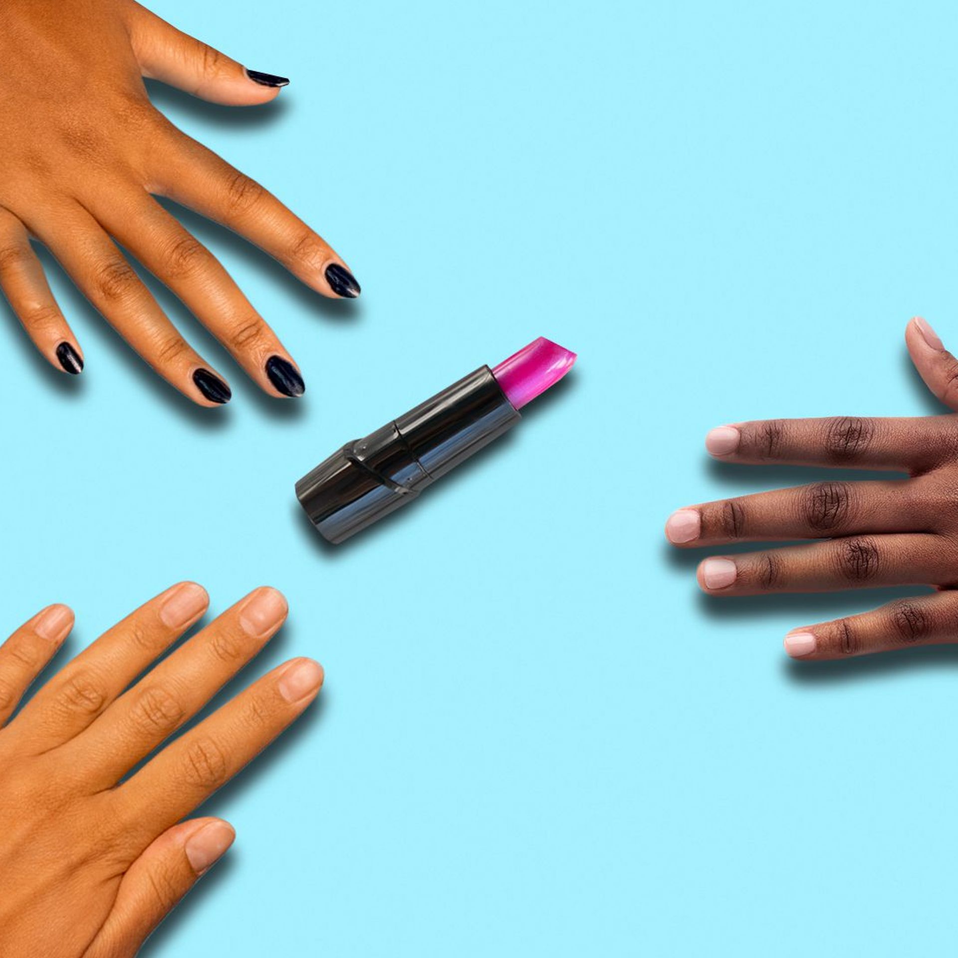 Illustration of three different hands reaching for one lipstick