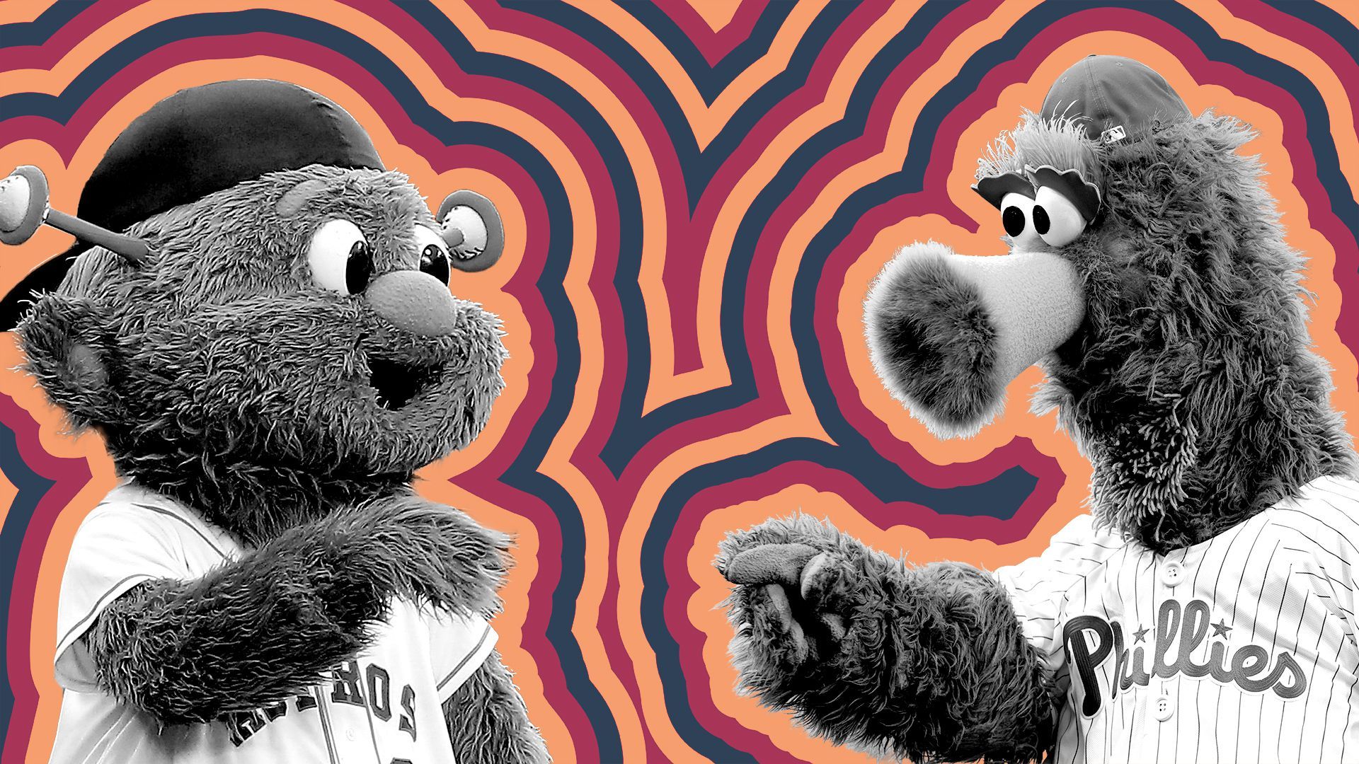 Photo illustration of Orbit, the Houston Astros' mascot, and the Phillie Phanatic with red, blue and orange lines radiating from them. 