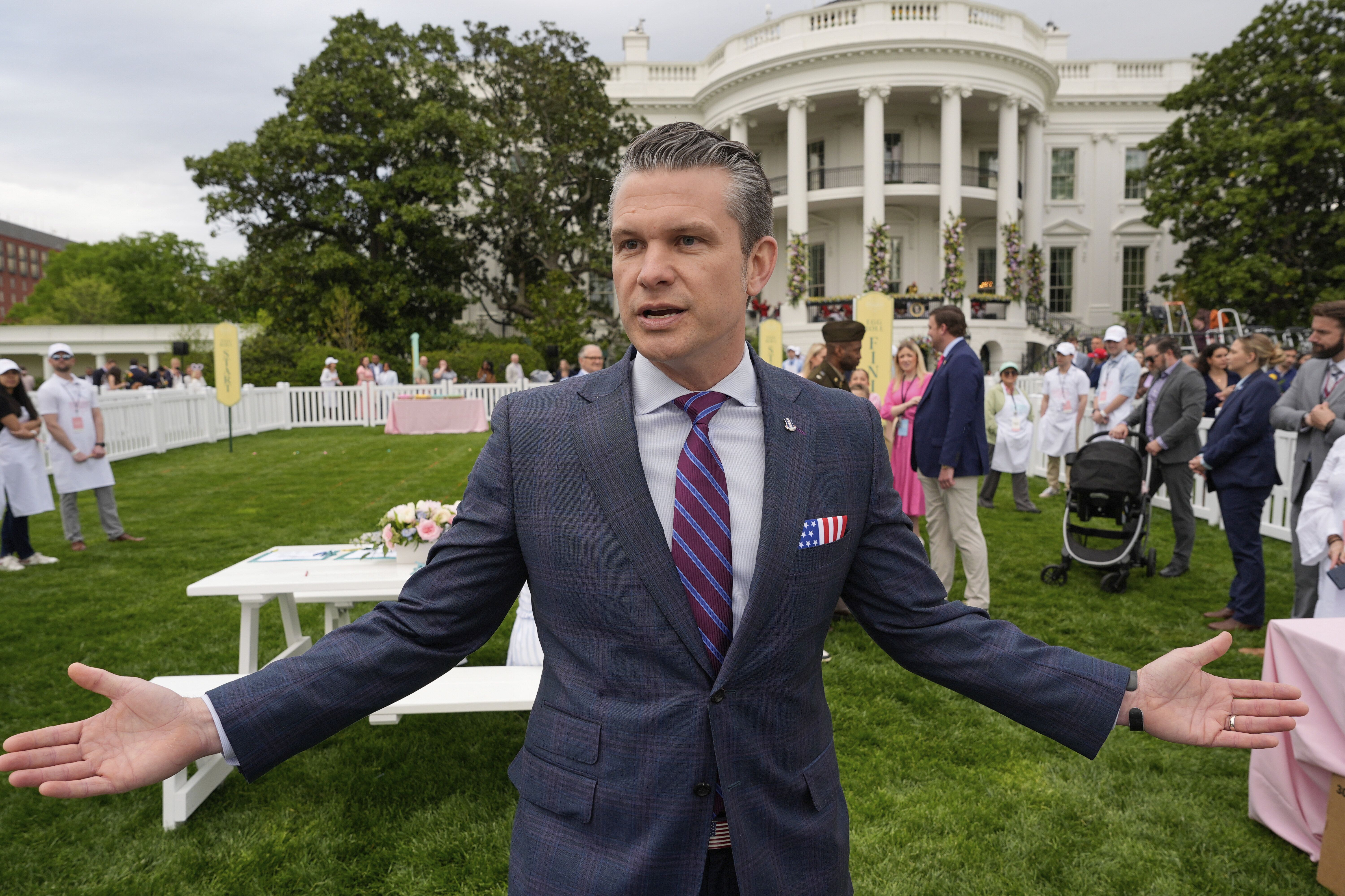 Defense Secretary Pete Hegseth speaks on the South Lawn of the White House before President Donald Trump and first lady Melania Trump participate in the White House Easter Egg Roll Monday, April 21, 2025, in Washington. (AP Photo/Alex Brandon)