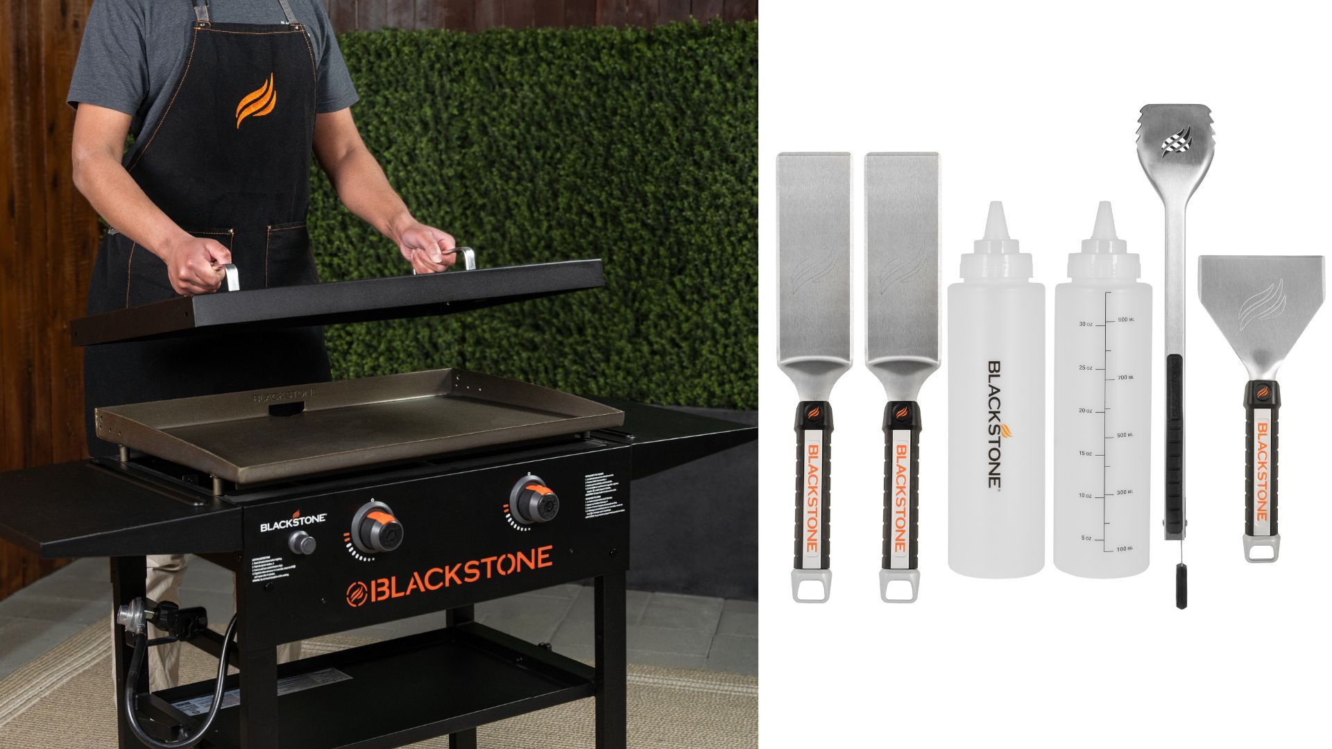 A person lifts the lid of a Blackstone griddle, with cooking tools and bottles displayed beside it.
