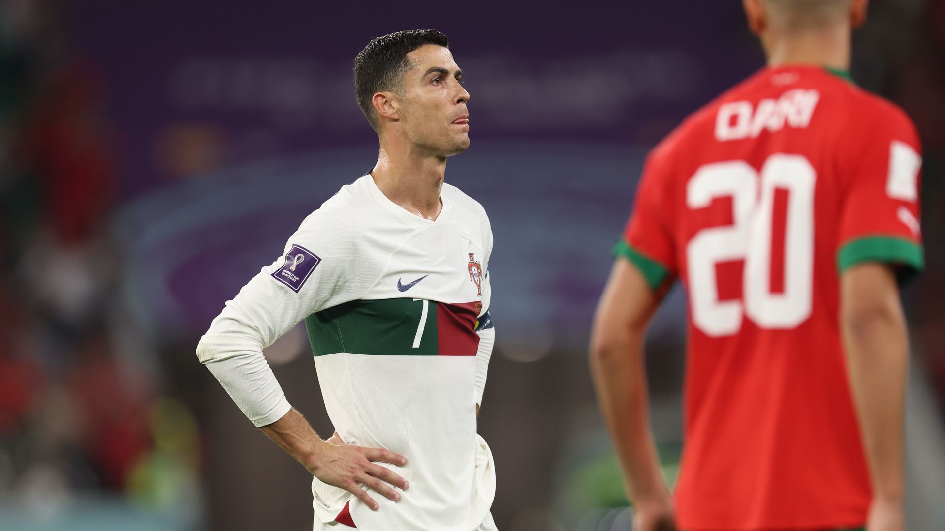 Cristiano Ronaldo of Portugal reacts during the FIFA World Cup Qatar 2022 quarter final match between Morocco and Portugal.
