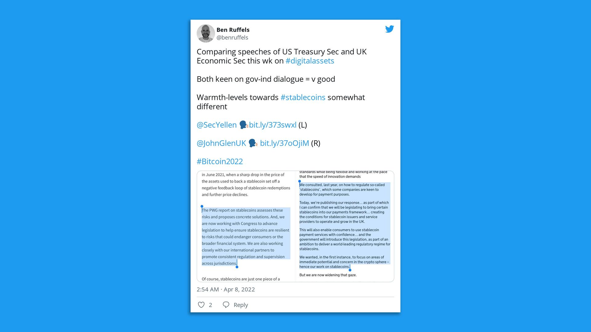 A Twitter user compares remarks from US and UK officials specifically on stablecoins. 