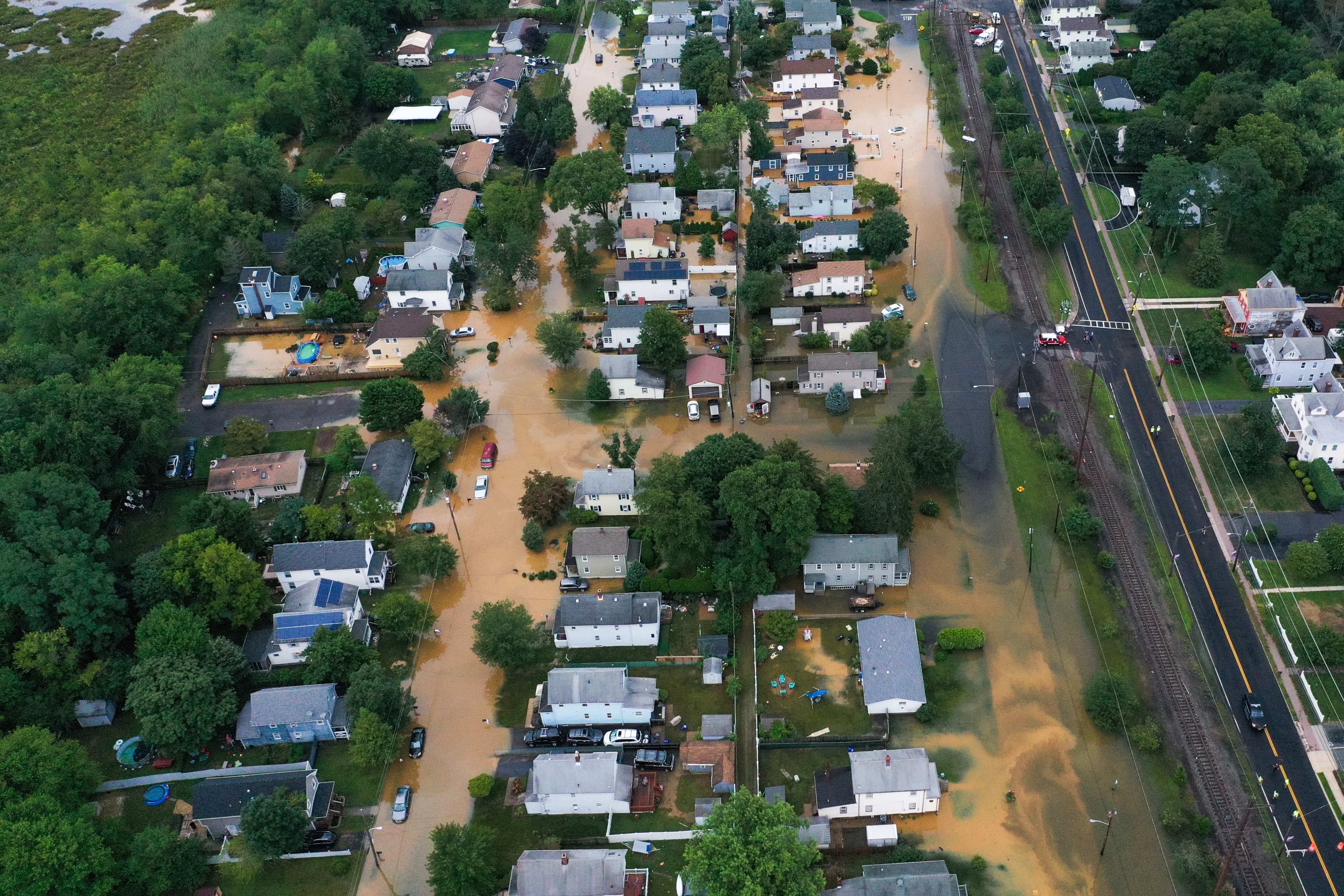 An aerial view of flooded streets are seen in Helmetta of New Jersey, United States on August 22